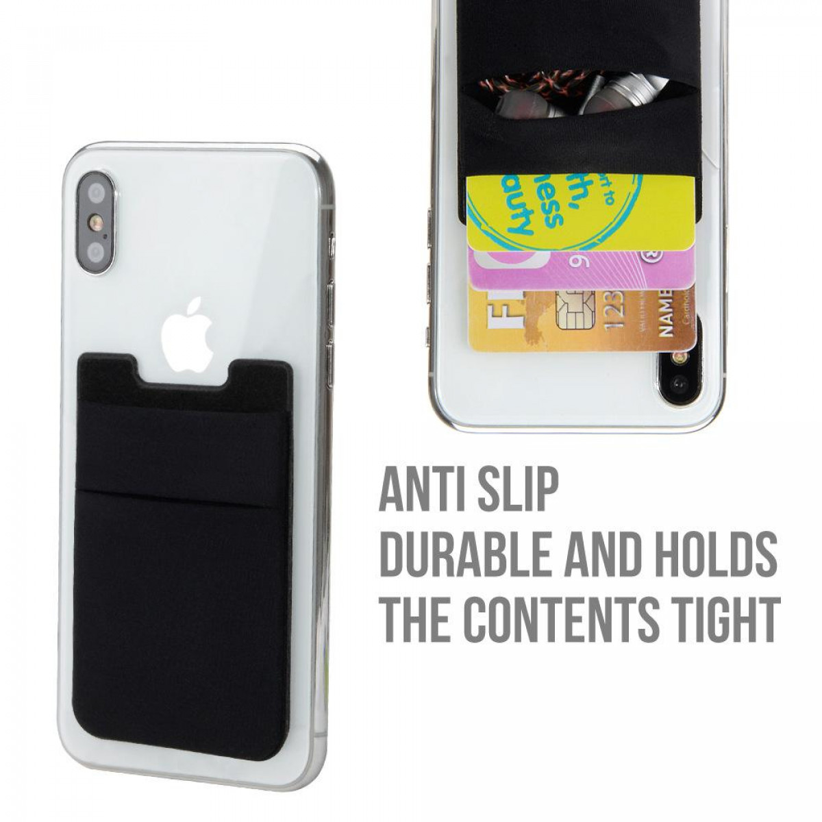 Przezroczysty telefon z czarnym uchwytem, trzymającym karty. Antypoślizgowy, trwały. Zbliżenie uchwytu z kartami.