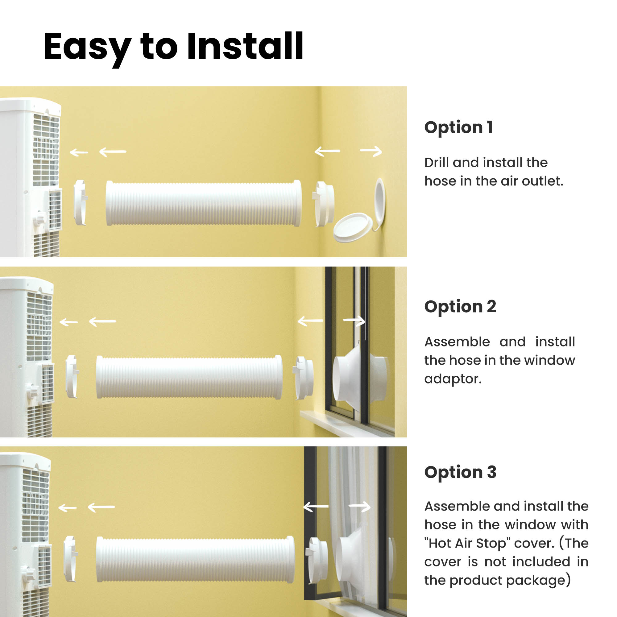 Anweisungen zur Installation eines Klimaanlagen-Schlauchs. Optionen sind Luftauslass, Fensteradapter und "Hot Air Stop"-Abdeckung.