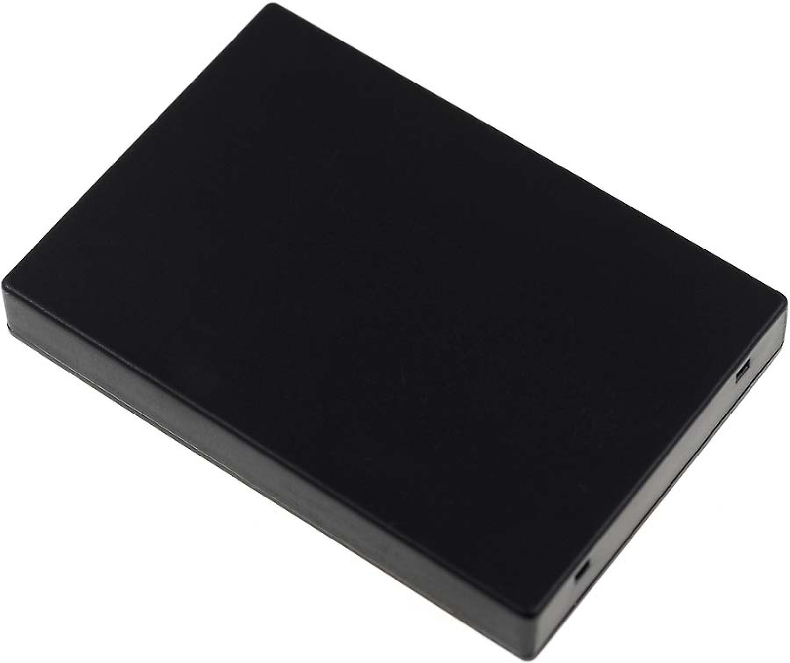 Dispositivo rectangular negro, posiblemente una batería. El dispositivo tiene una superficie lisa.