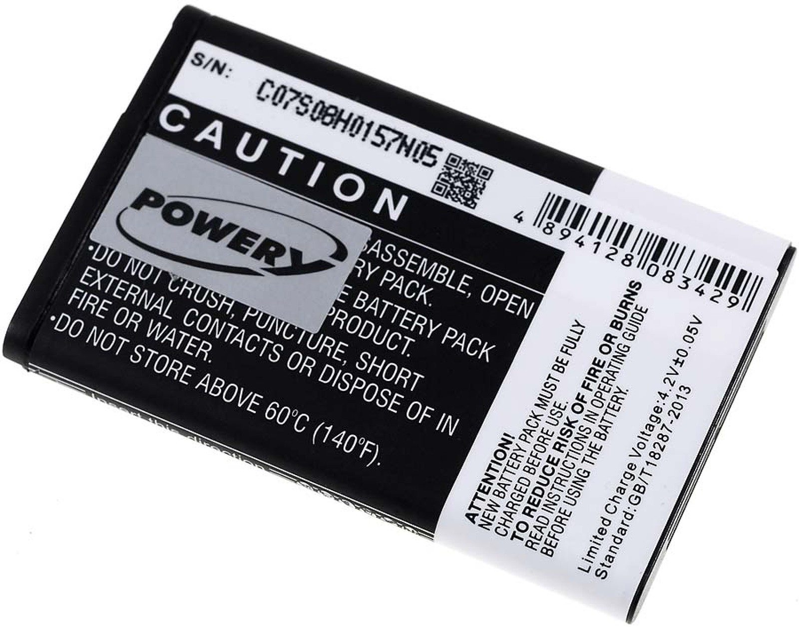 Batería negra con etiquetas de advertencia y la marca POWERy.