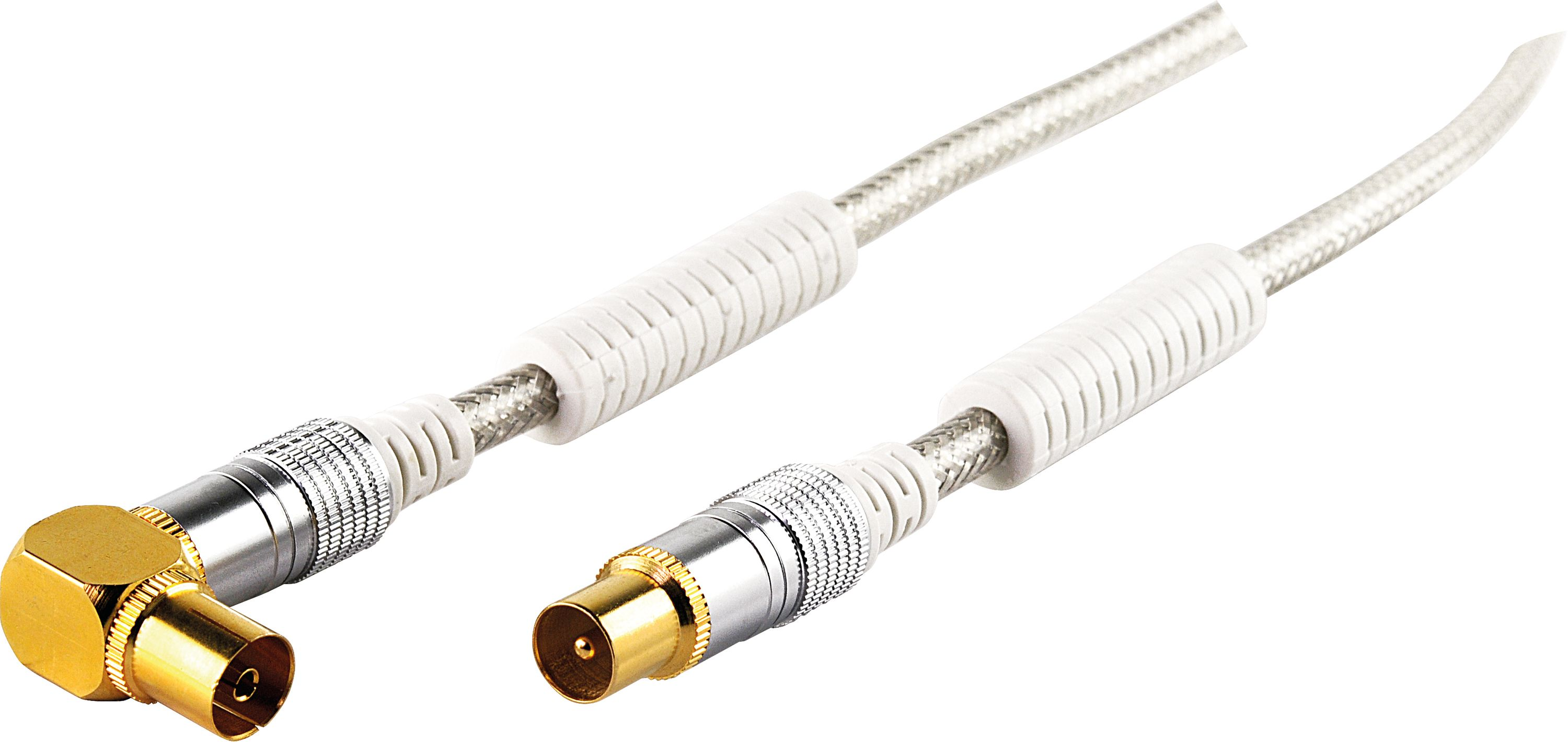 Zwei silberne Koaxialkabel mit weißen Kunststoffummantelungen, eines davon mit einem goldenen Stecker.