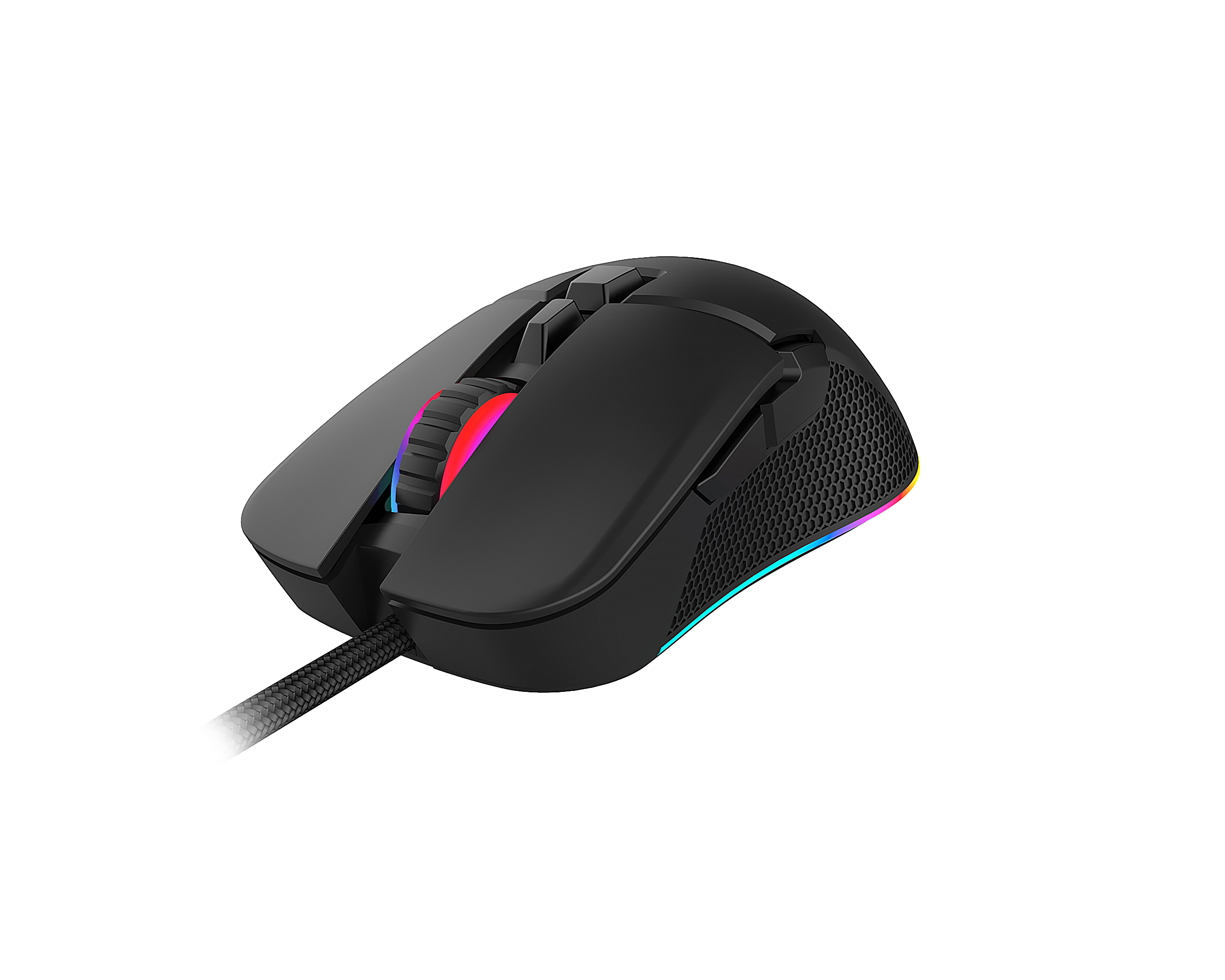 Schwarze Gaming-Maus mit farbigem Scrollrad. Die Maus befindet sich auf weißem Hintergrund.