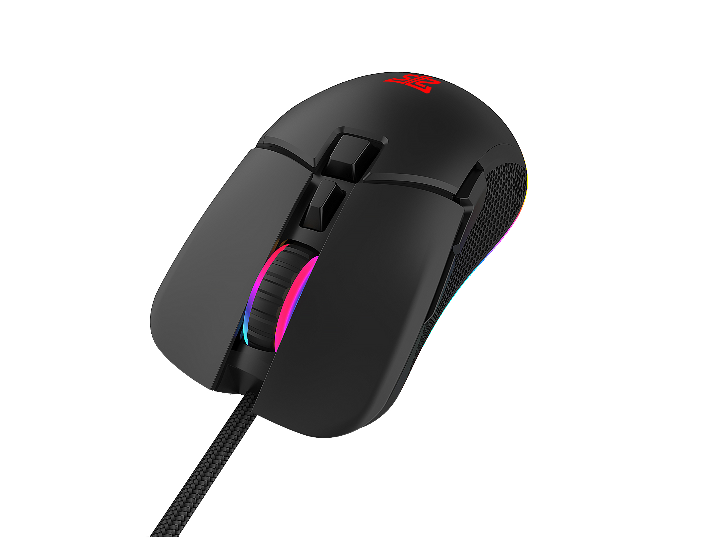 Schwarze Gaming-Maus. Sie hat ein Scrollrad mit mehreren Farben. Sie hat Tasten und ein geflochtenes Kabel.