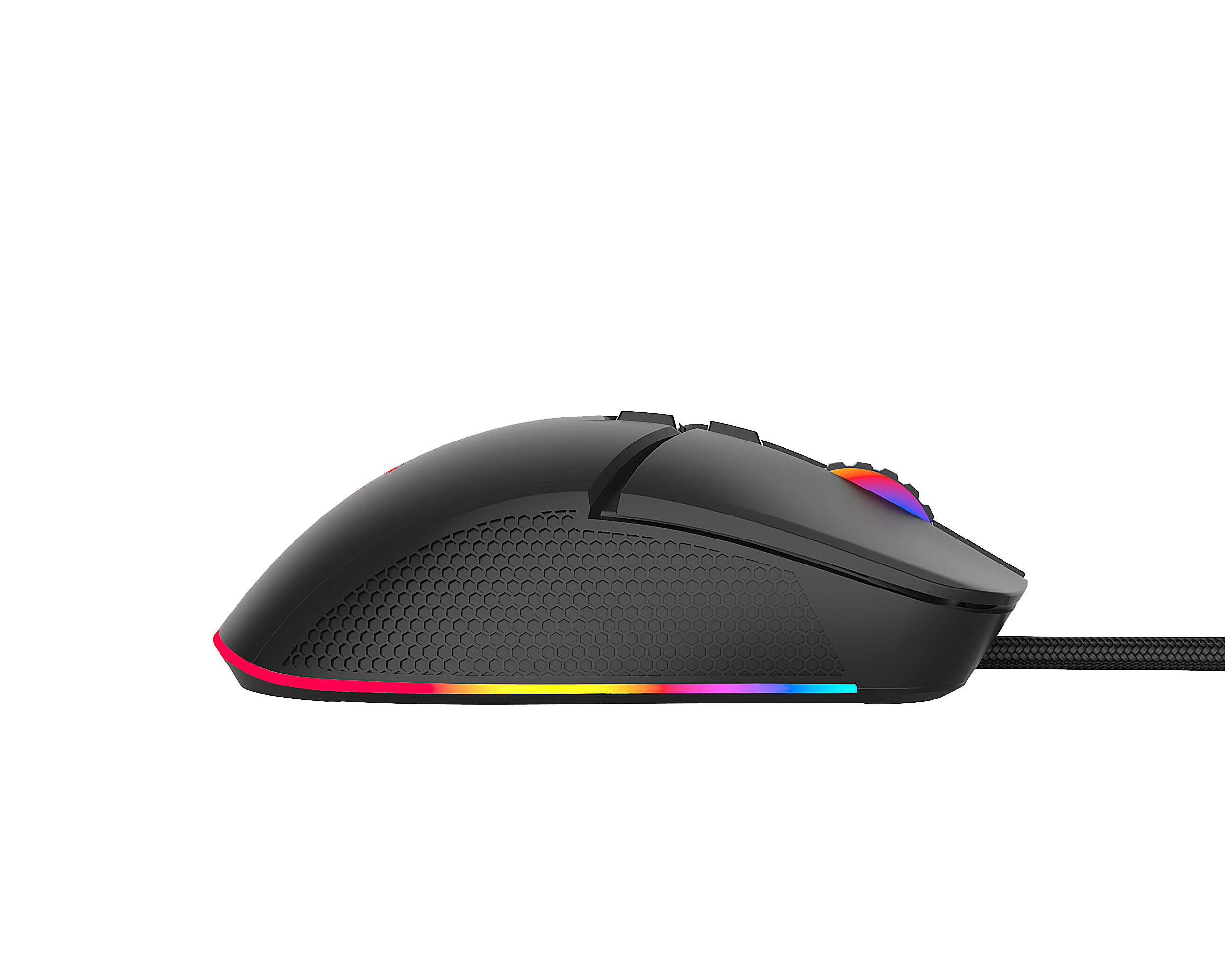 Schwarze Gaming-Maus mit RGB-Beleuchtung. Sie hat eine strukturierte Seite und ein langes, geflochtenes Kabel.