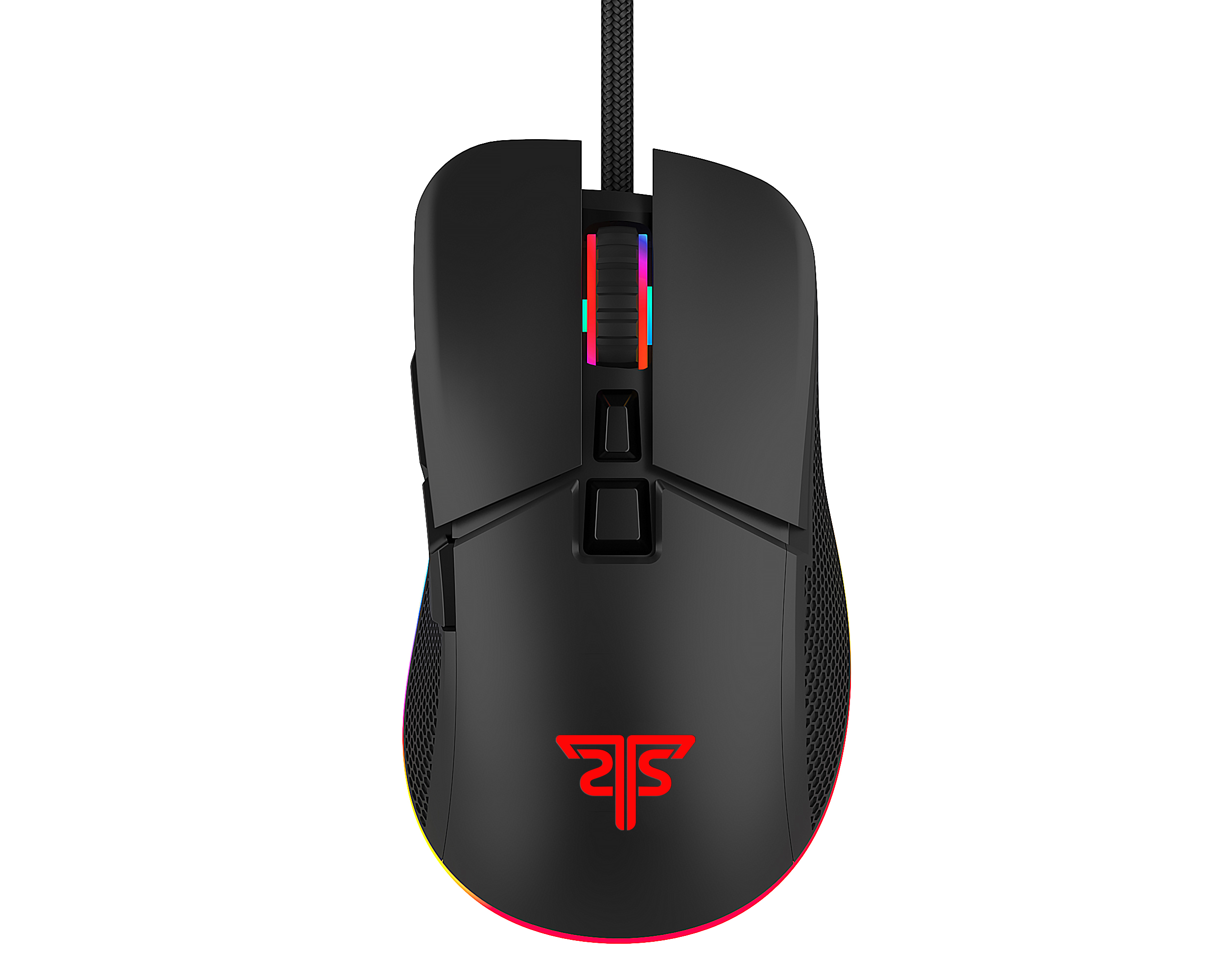 Schwarze Gaming-Maus mit mehrfarbigem Lichtstreifen. Sie hat zwei Tasten an der Seite und drei oben.