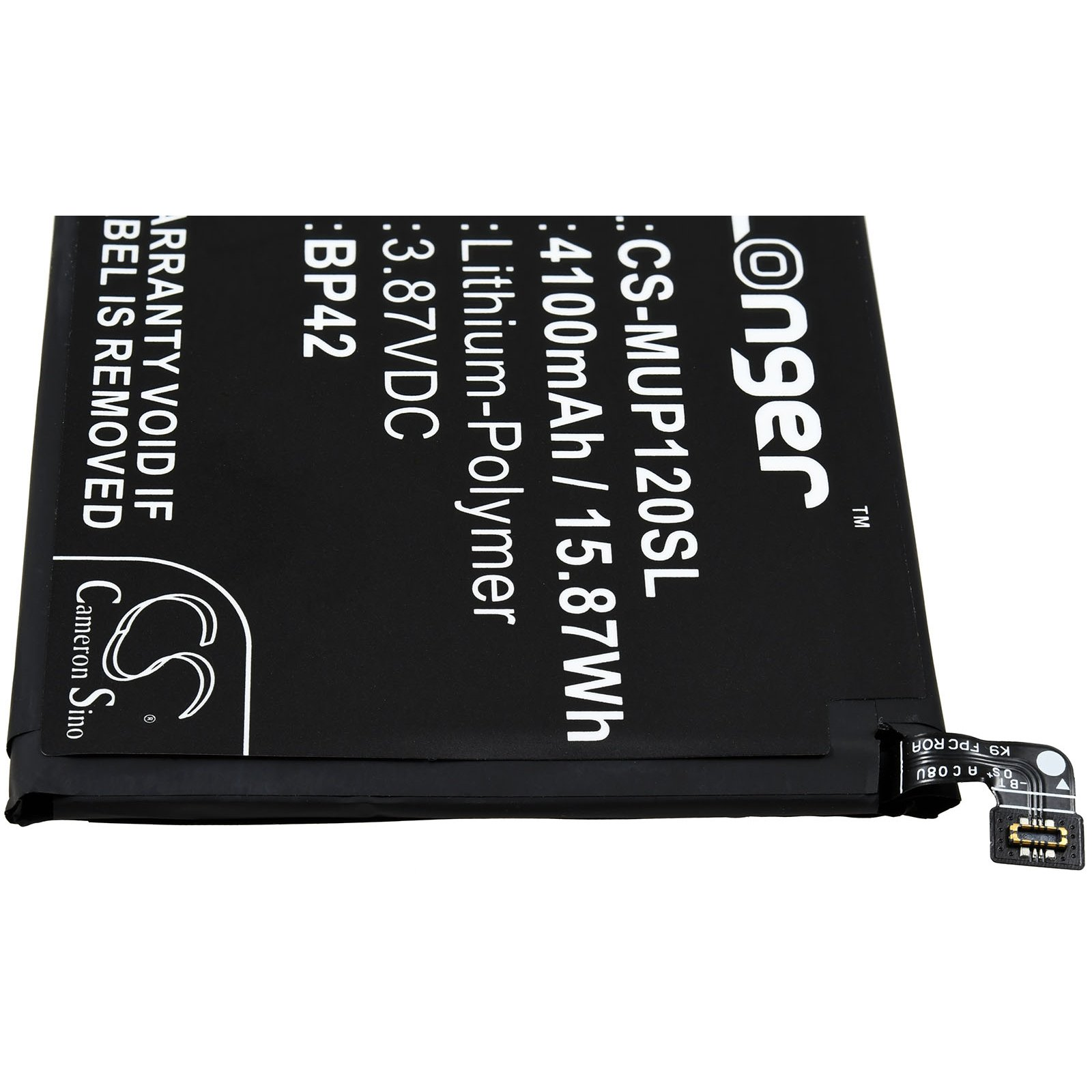 Schwarzer Akku mit weißem Text. Auf dem Etikett stehen Longer, Lithium-Polymer, 4100mAh, 3,87VDC und Cameron Sino.
