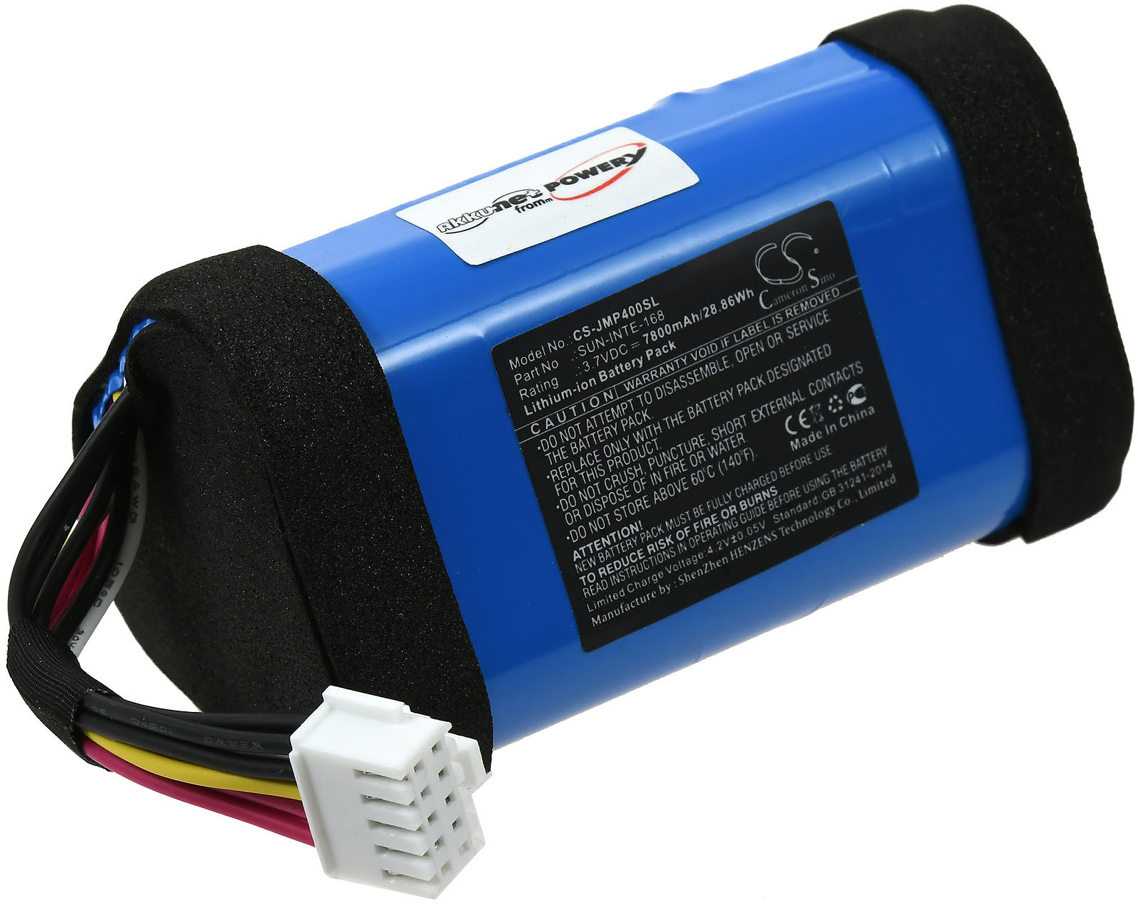 Blaue Batterie mit schwarzem Schaumstoff und weißem Text. Es hat einen Stecker und Drähte.
