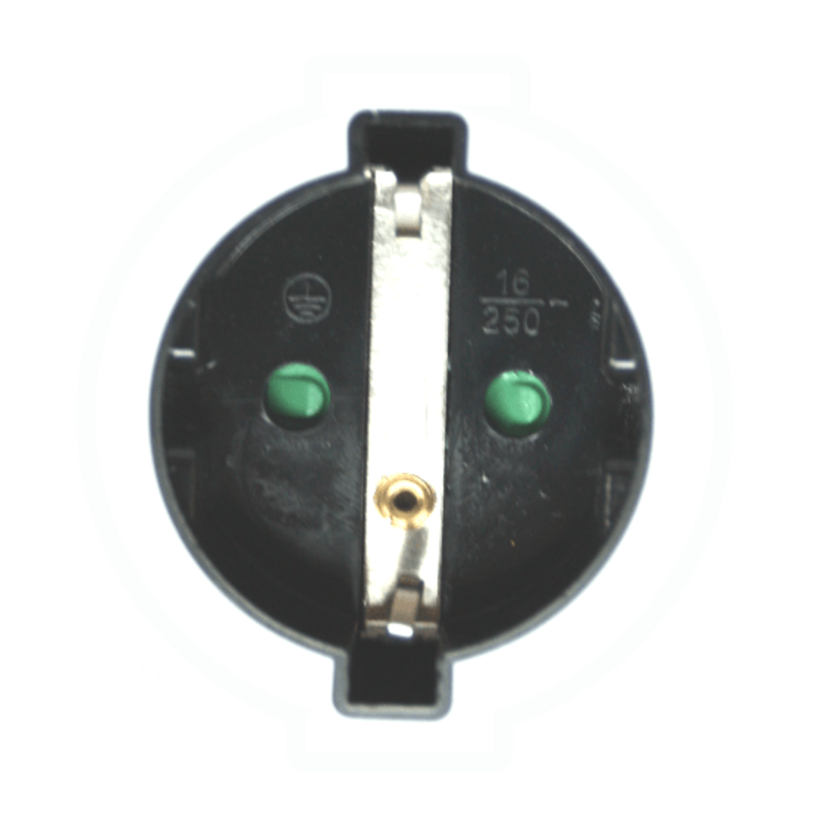 Czarne okrągłe gniazdo z zielonymi otworami i metalowym prętem.