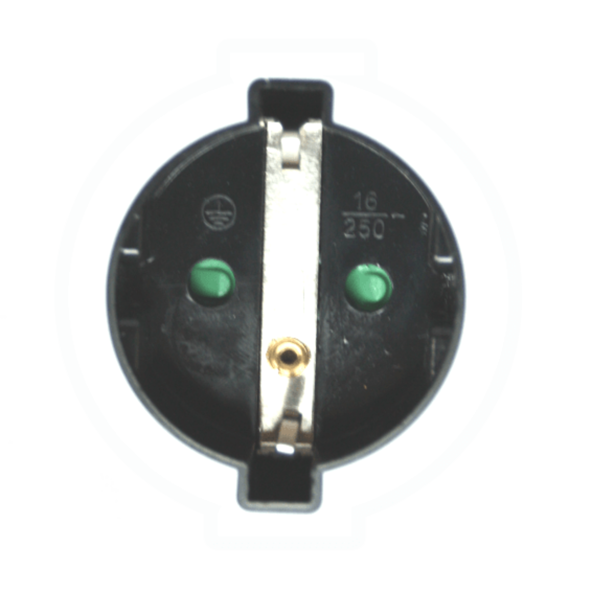 Czarne gniazdo elektryczne z zielonymi akcentami i metalowym stykiem. Okrągłe.