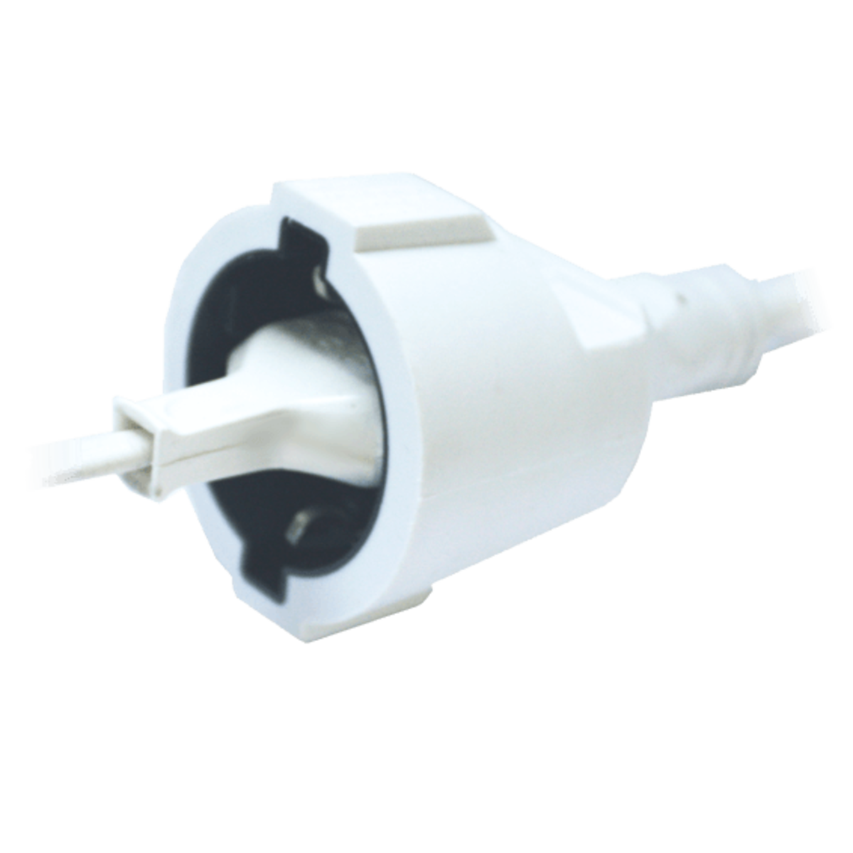 Białe złącze elektryczne z czarnym wnętrzem i białym przedłużeniem.