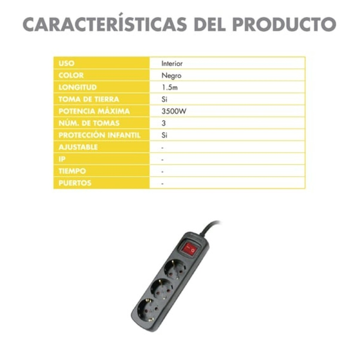 Un gráfico de información del producto en español. Contiene información sobre un alargador negro, 1,5 m de largo, con tres enchufes.