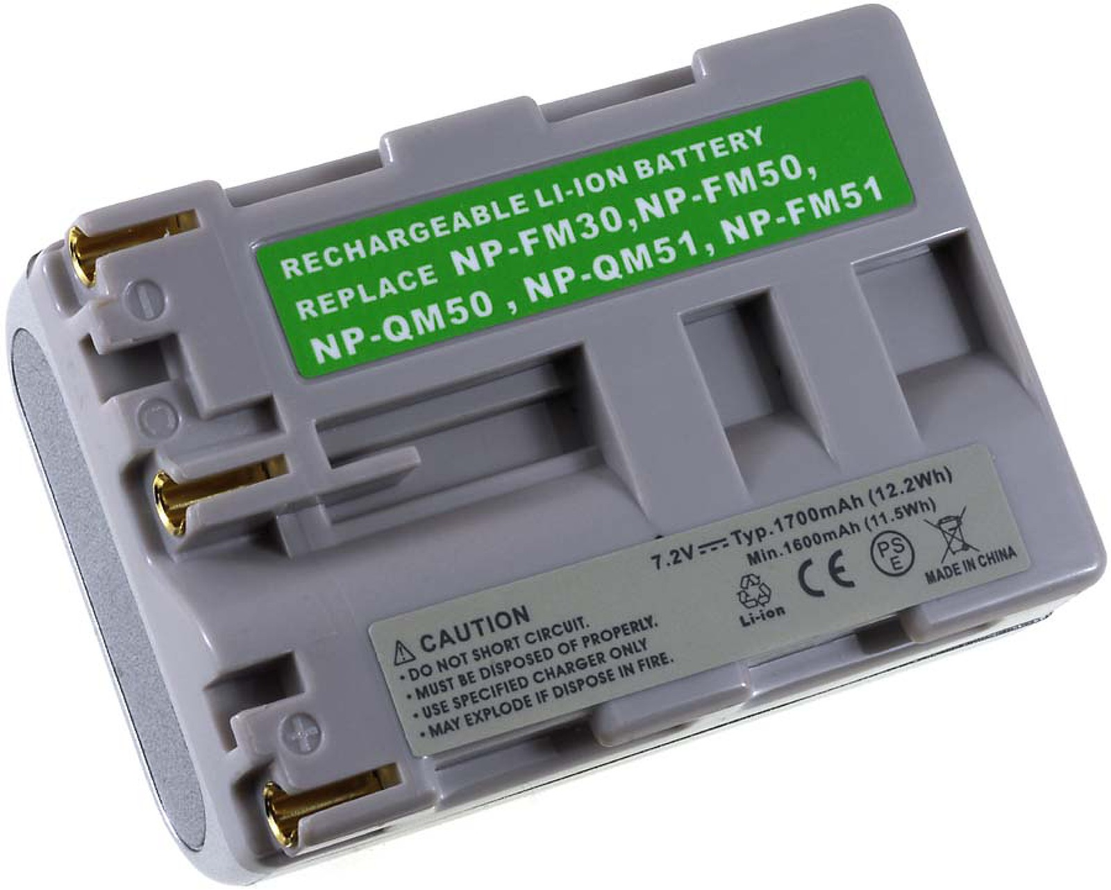 Batería recargable de iones de litio gris con texto y etiquetas.