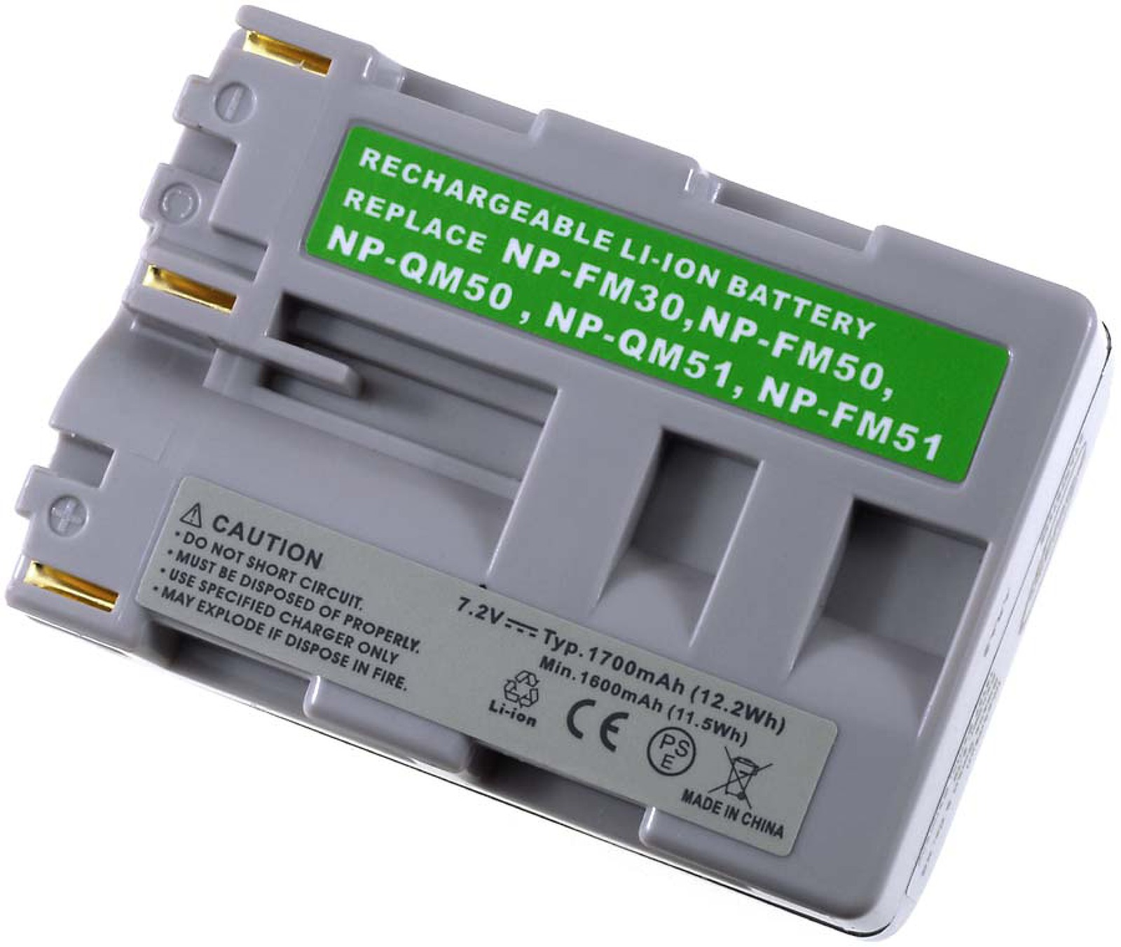 Batería gris con texto verde: Batería recargable de iones de litio. Detalles: 7.2V, 1700mAh.
