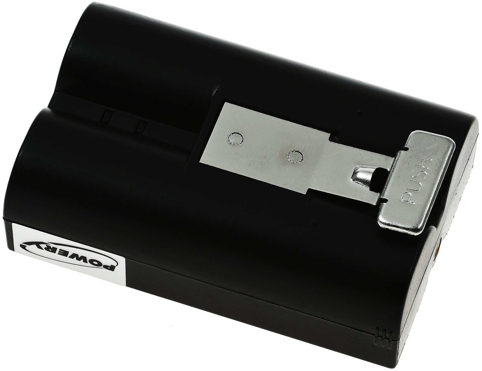 Schwarzer Akku mit silberner Metallplatte und einem 'PUSH'-Knopf oben, weißer Hintergrund.