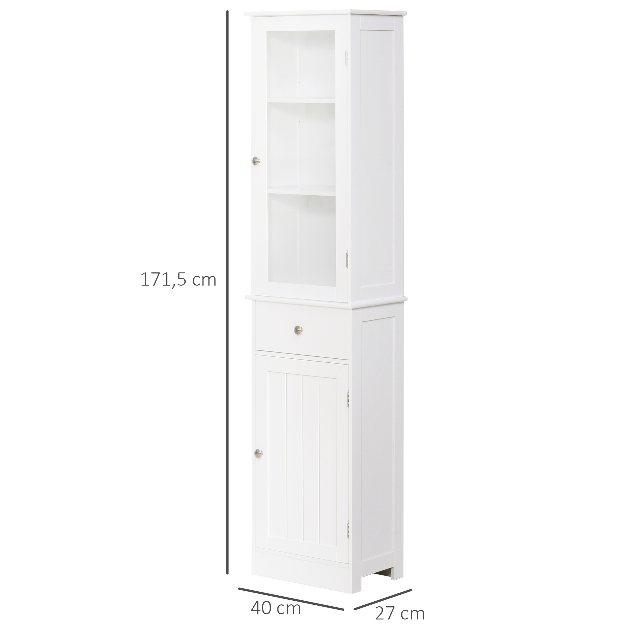 Un armario blanco alto y estrecho con puerta de cristal arriba y puerta de madera acanalada abajo.