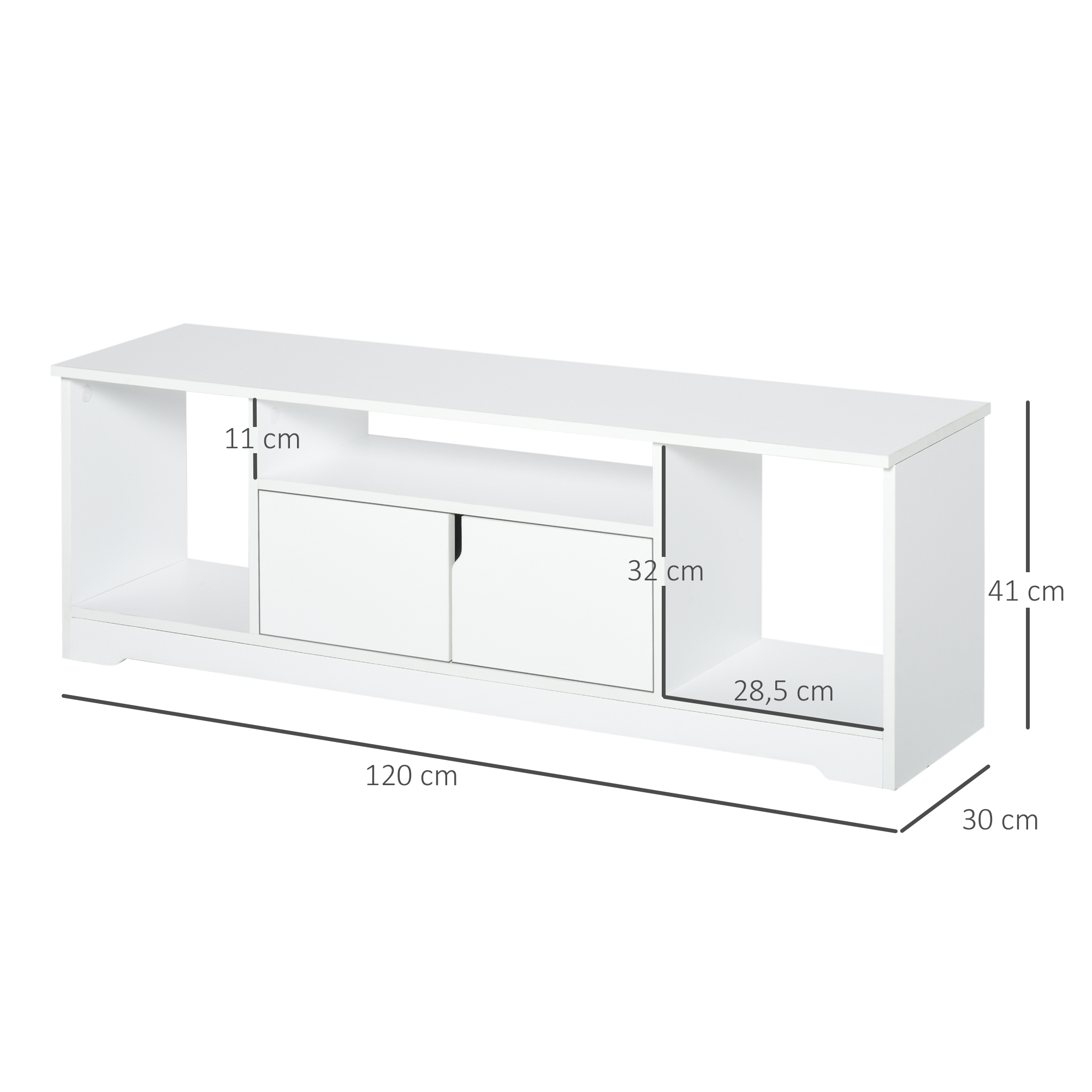 Un mueble de TV blanco con dimensiones 120x41x30 cm. Tiene dos cajones.