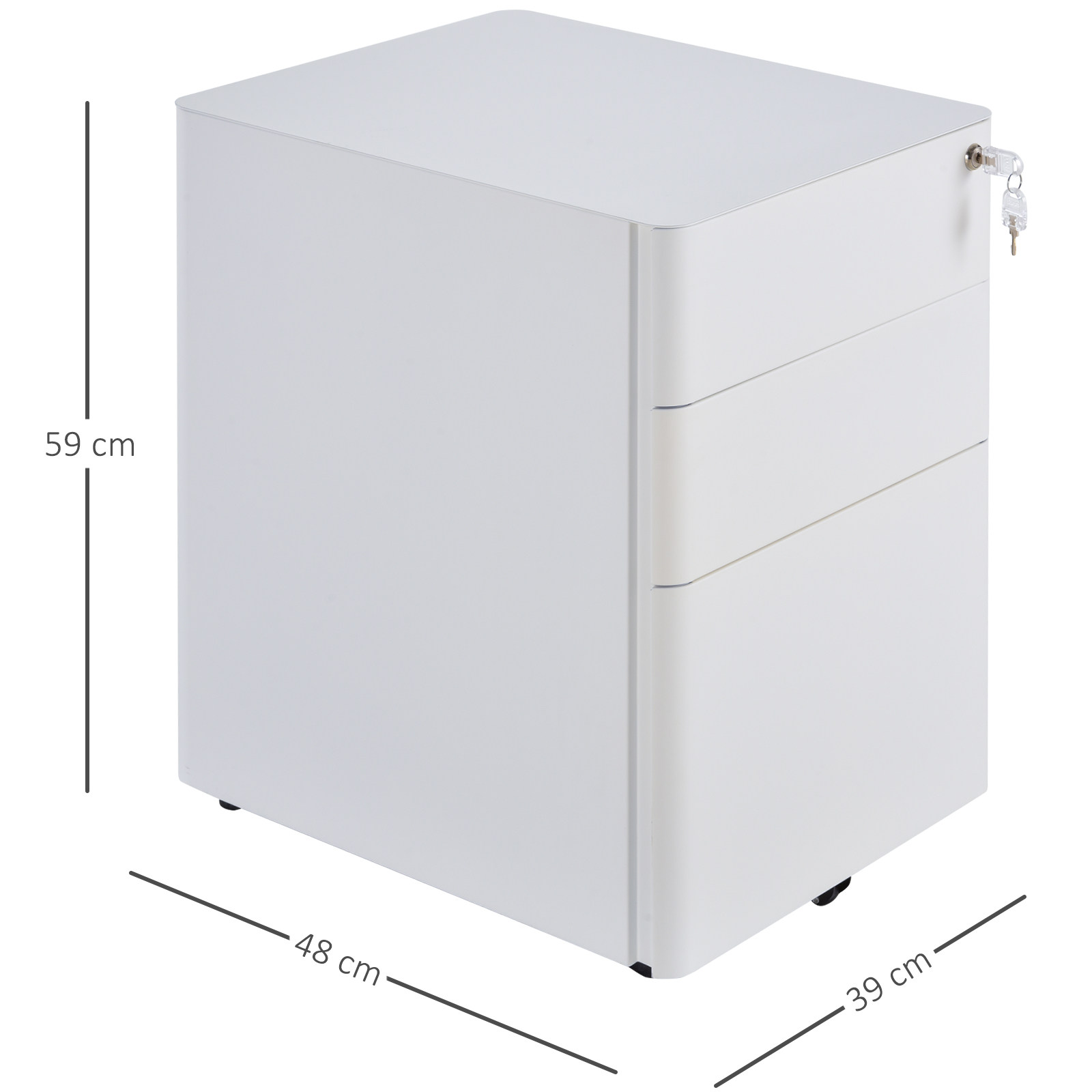 Ein weißer Büroschrank mit drei Schubladen. Die Abmessungen betragen 59 cm hoch, 48 cm breit und 39 cm tief.