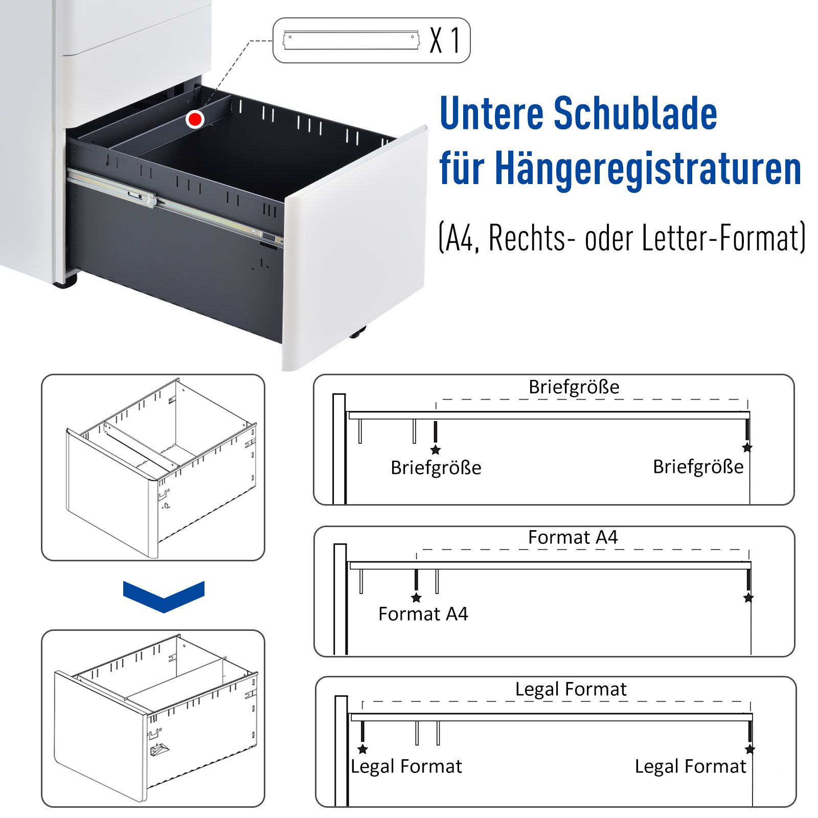 Weißer Schrank mit offener Schublade. Die Schublade ist innen grau.