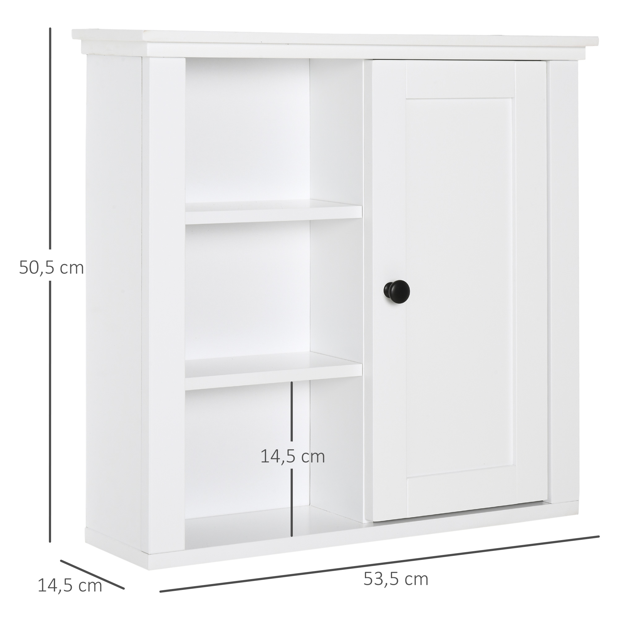 Un mueble blanco de pared con dos estantes abiertos y una puerta con pomo negro.