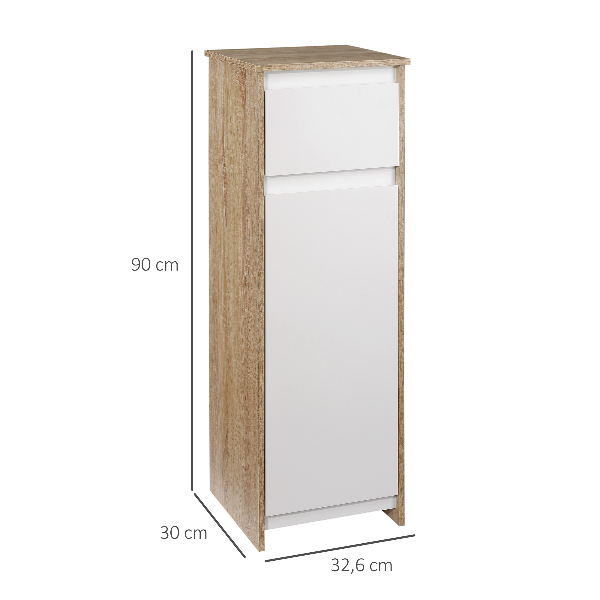 Armario alto y estrecho con laterales de veta de madera y cajones blancos.