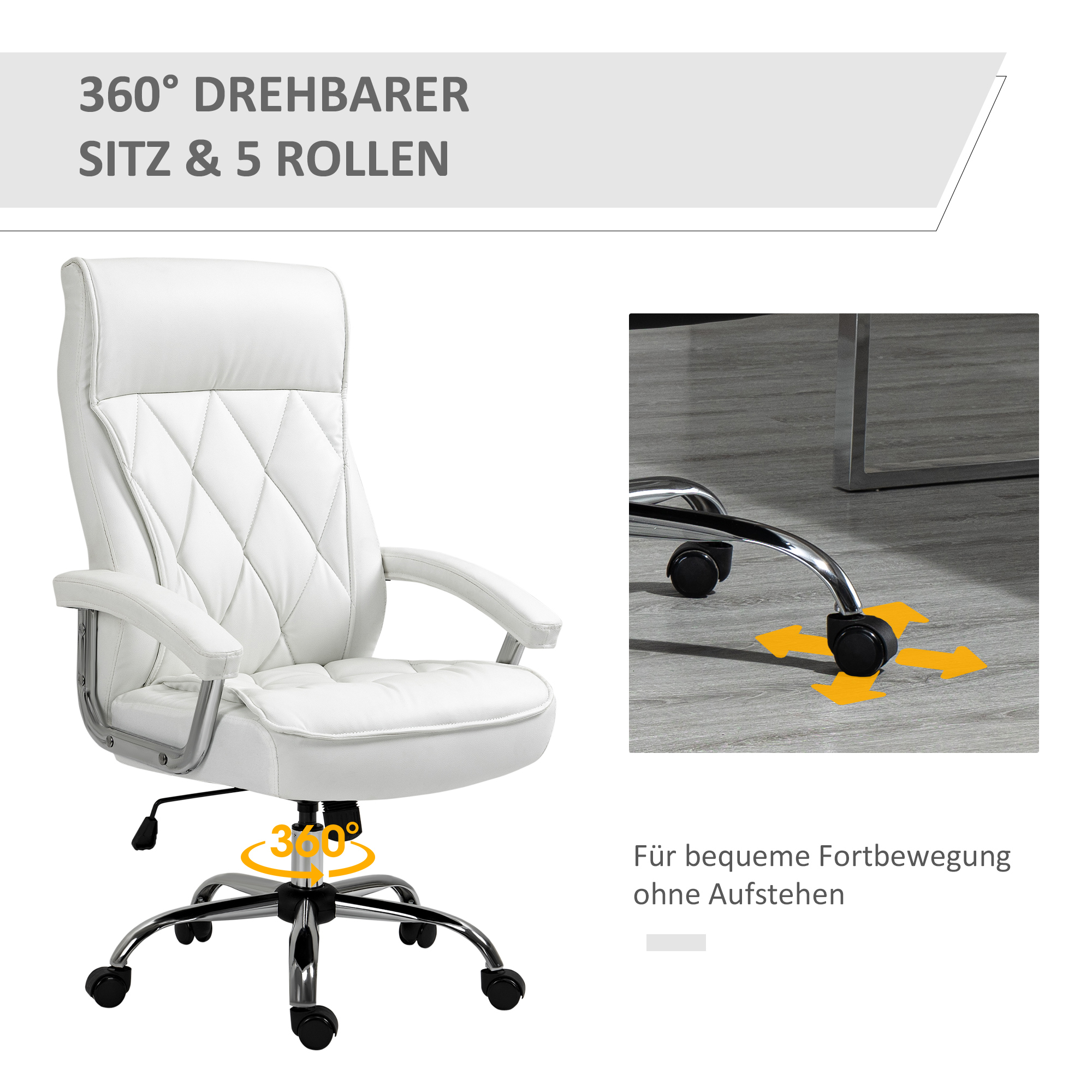 Ein weißer Bürostuhl mit 360-Grad-Drehfunktion und fünf Rollen.