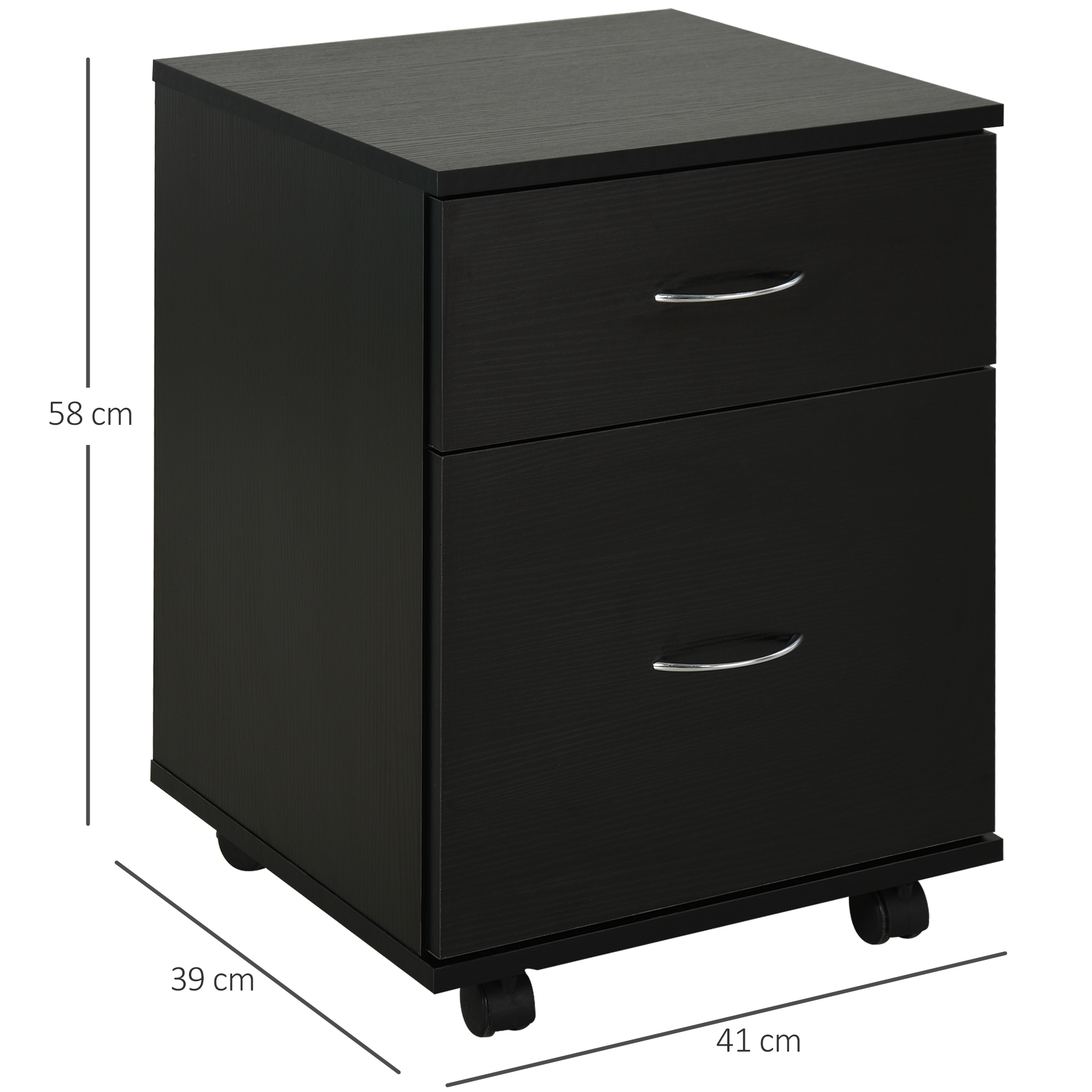 Gabinete negro de archivo con dos cajones con ruedas, AlxAnxPr 58x41x39 cm.