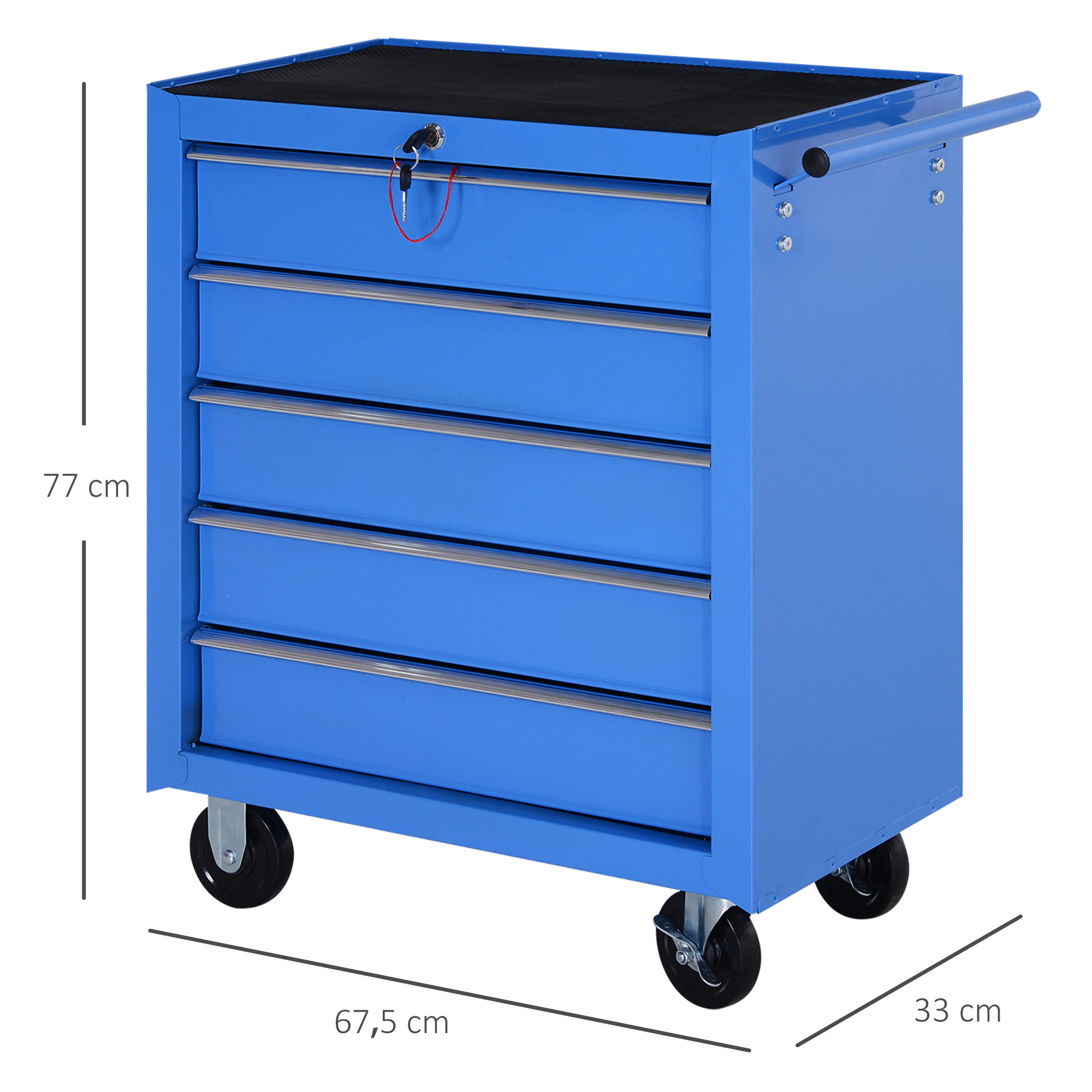 Carro de herramientas azul con cinco cajones y ruedas, de 77x67,5x33 cm.