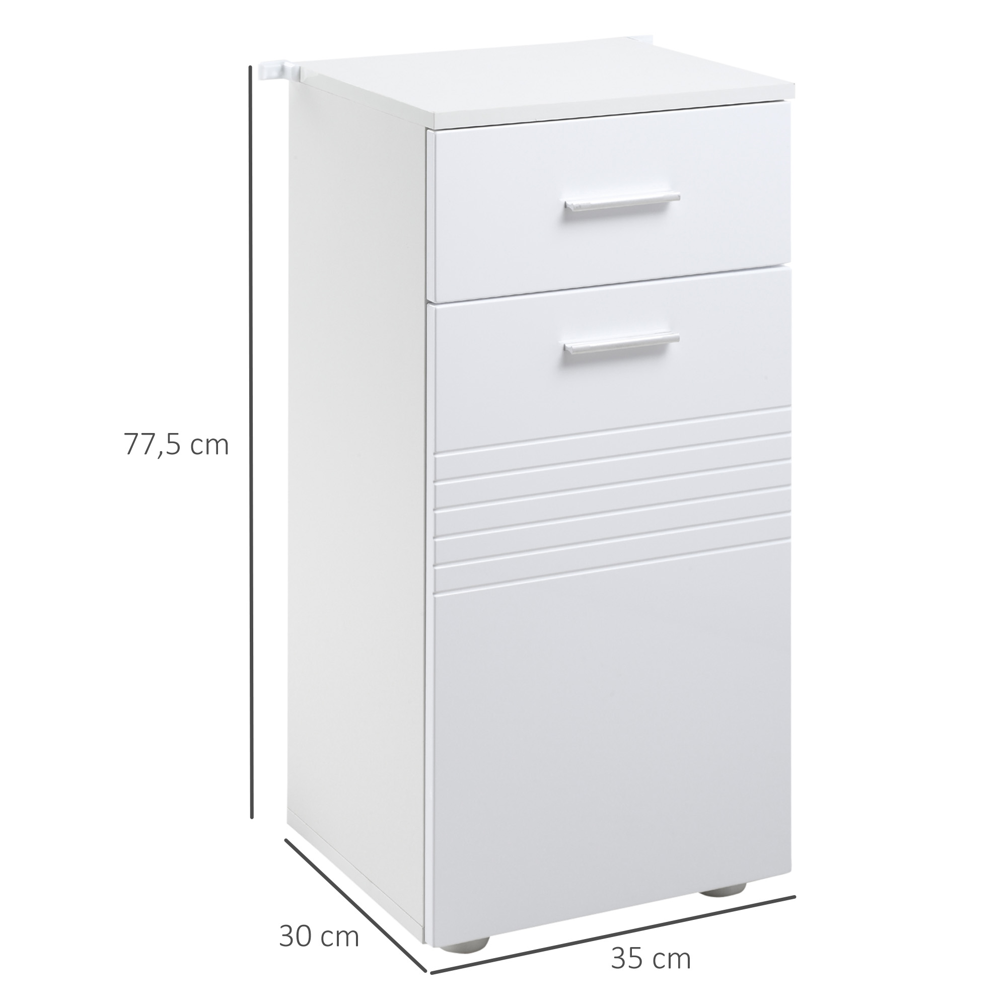 Un mueble blanco pequeño con dos cajones y una puerta decorada.