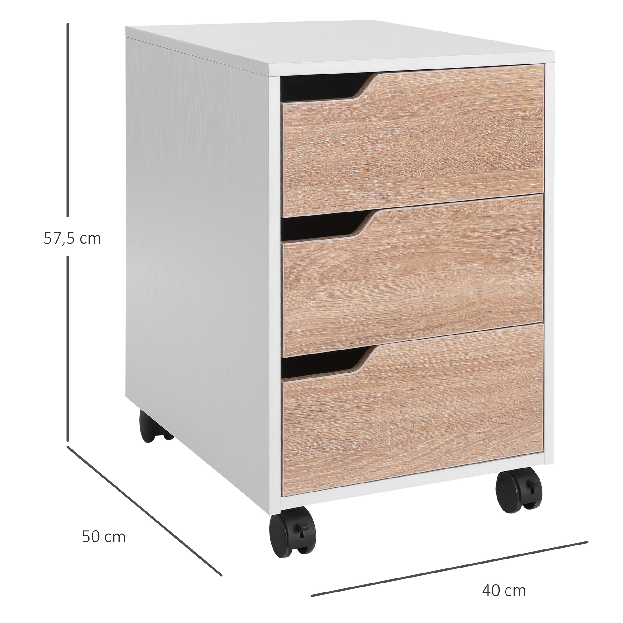 Cajonera movil blanca con tres cajones de madera clara y ruedas negras, mostrando dimensiones de alto, ancho y fondo.