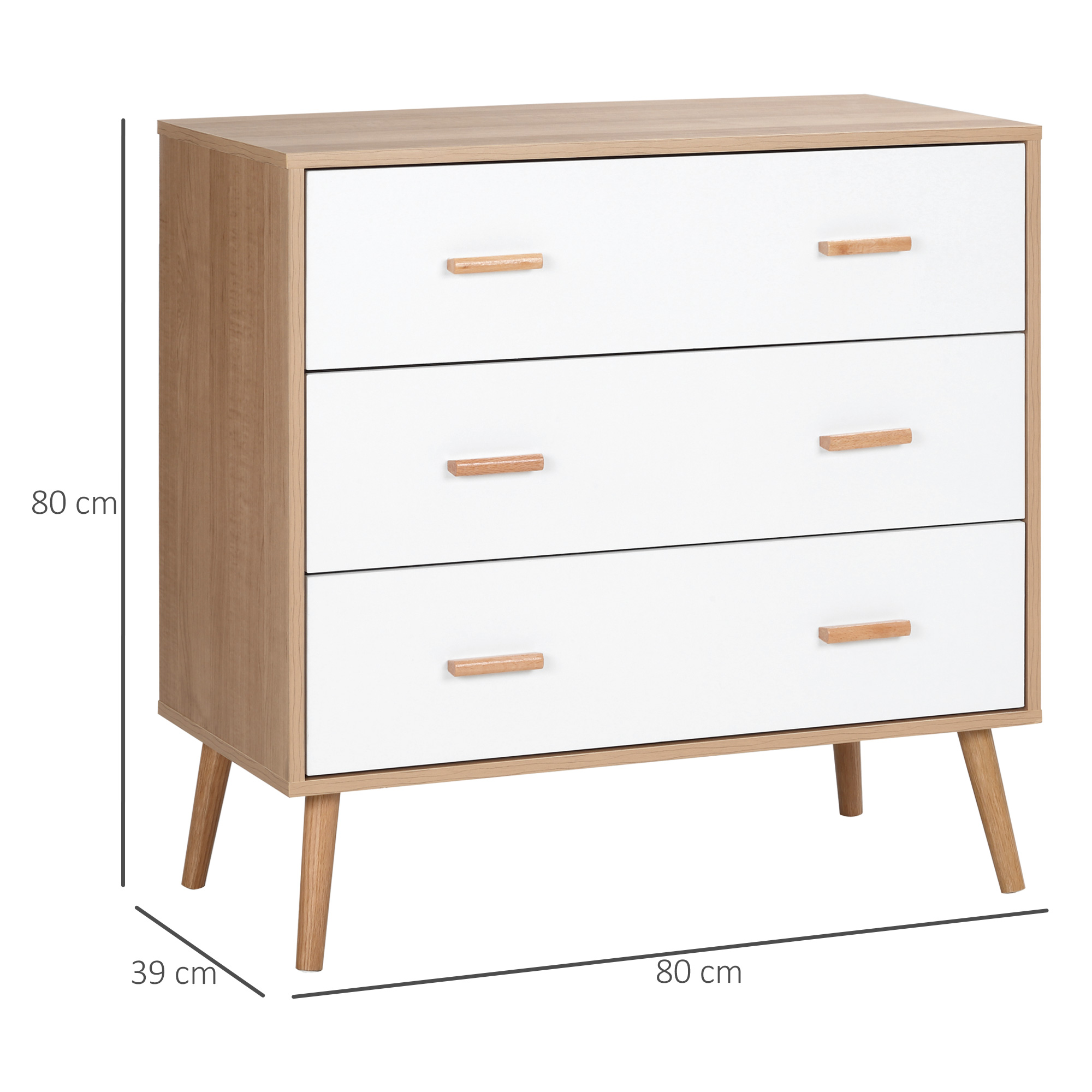 Cómoda blanca de tres cajones con tiradores de madera, sobre patas de madera.