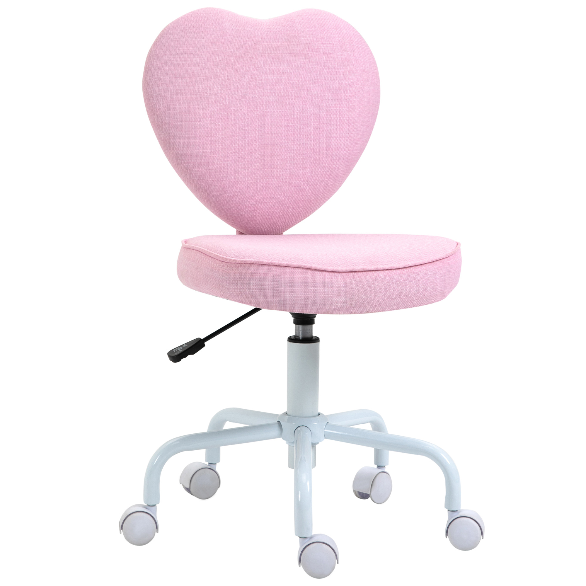 Sedia rosa a forma di cuore con gambe e ruote bianche. Anche il sedile è rosa.