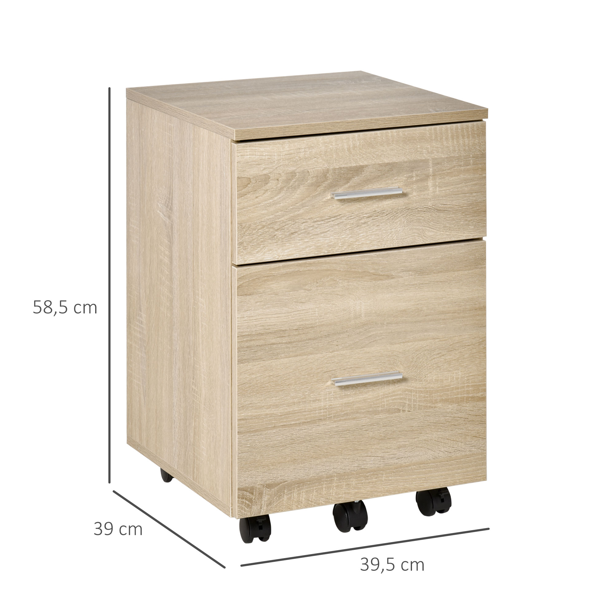 Mueble de cajones con ruedas efecto madera y tiradores plateados. Se muestran dimensiones.