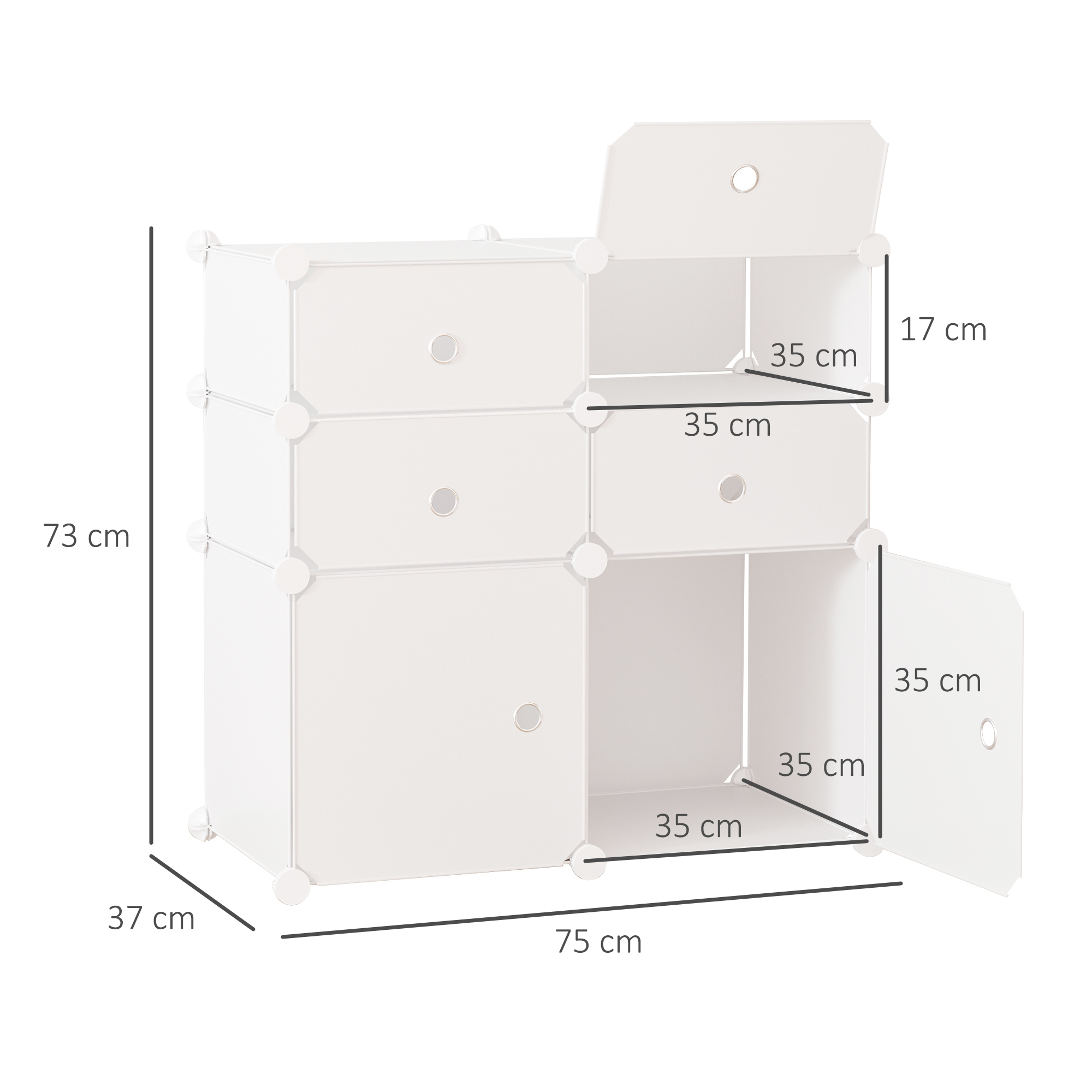 Unidad de almacenamiento cúbico modular blanca con dimensiones.