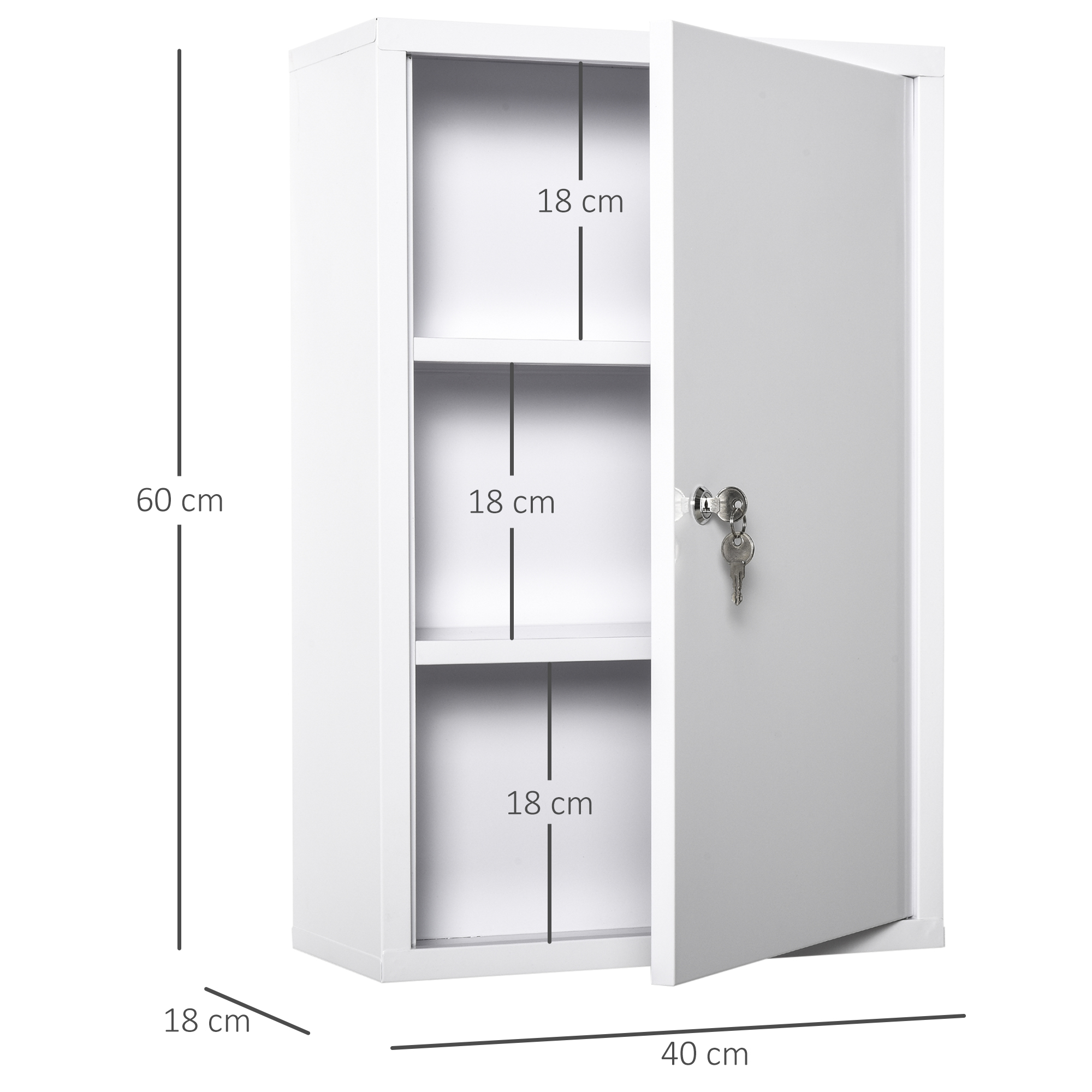 Un armario blanco de pared con puerta abierta, tres estantes y llaves.
