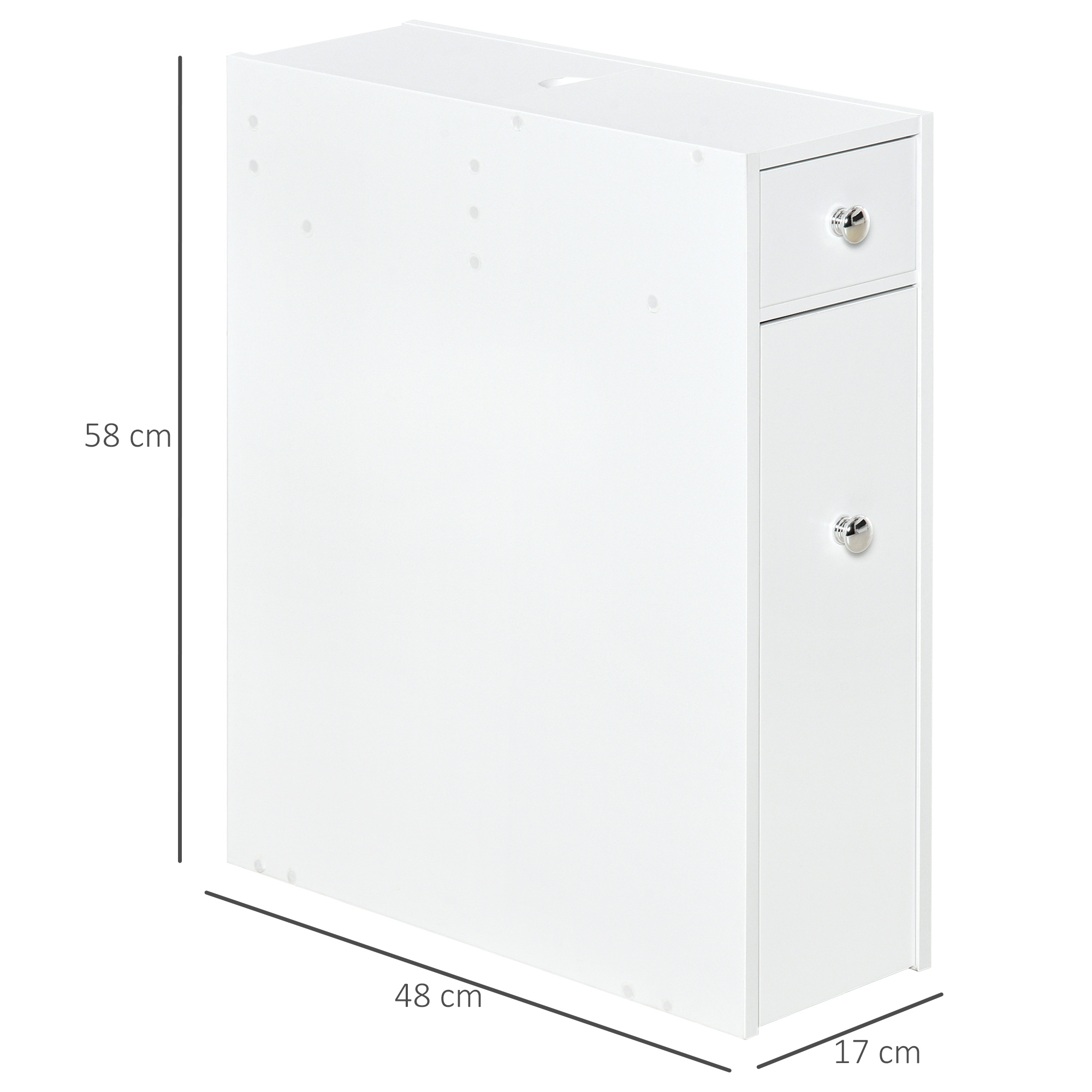 Un mueble blanco y estrecho con un tirador de cajón y un tirador de puerta.