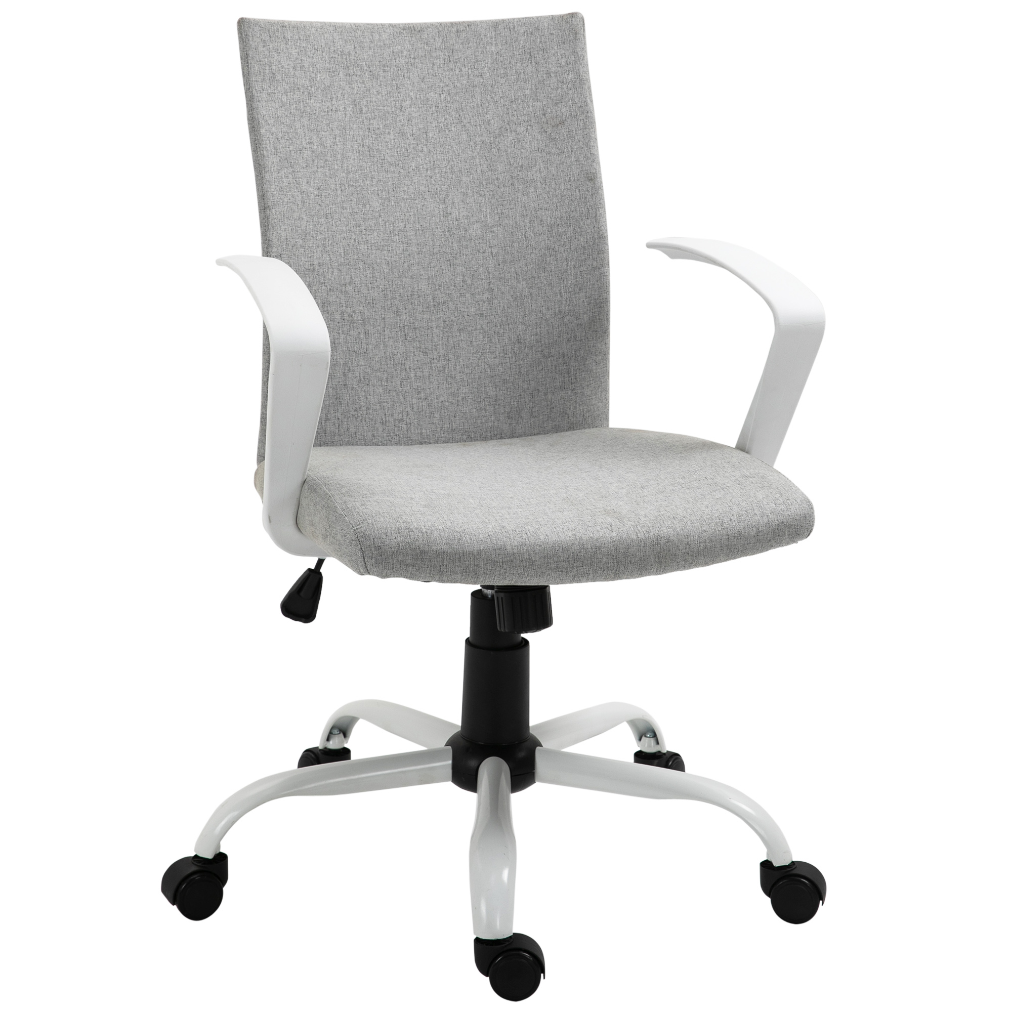 Sedia da ufficio grigia con braccioli e gambe bianche. La sedia ha base e ruote nere.