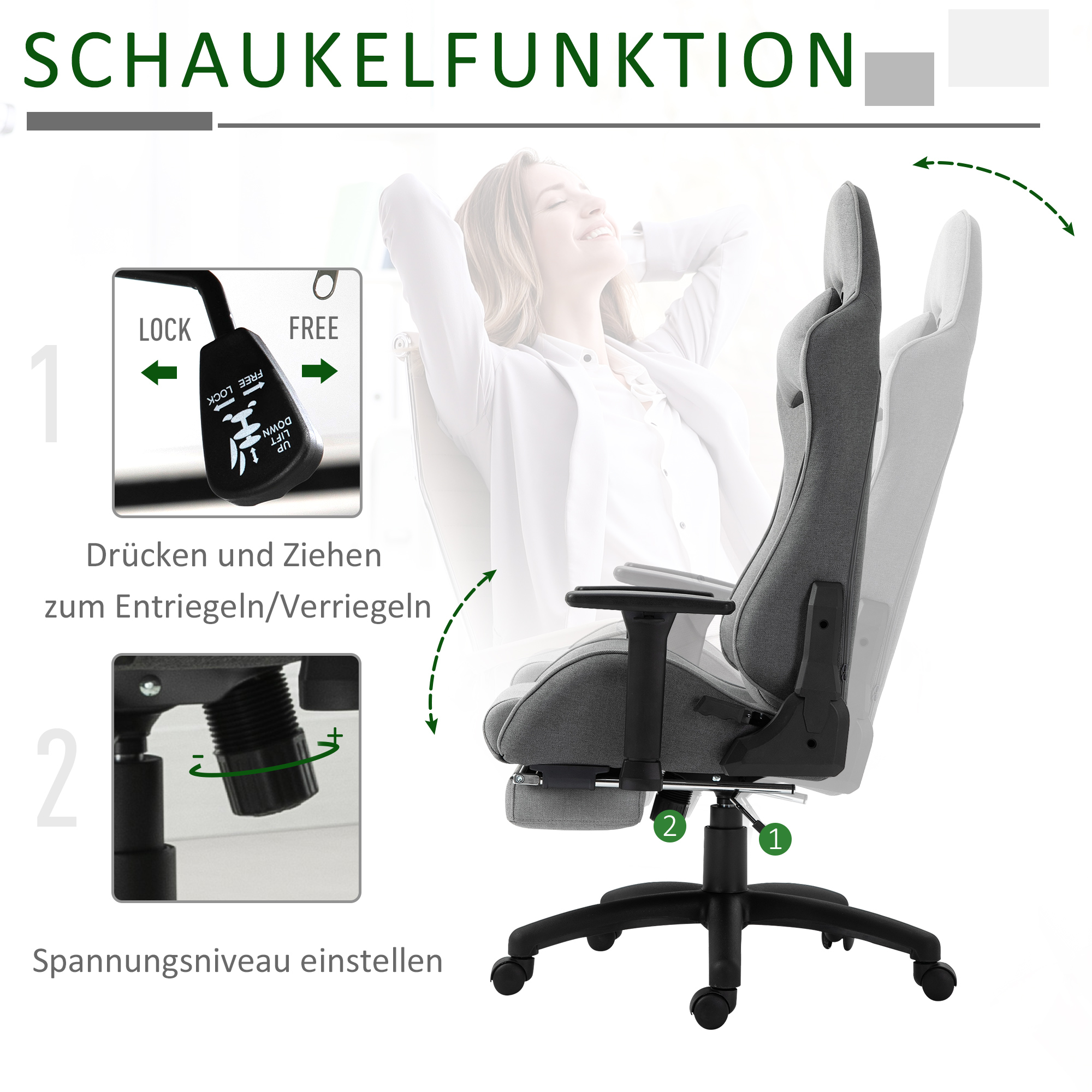 Diagramm, das die Schaukelfunktion und -einstellung eines Bürostuhls veranschaulicht.