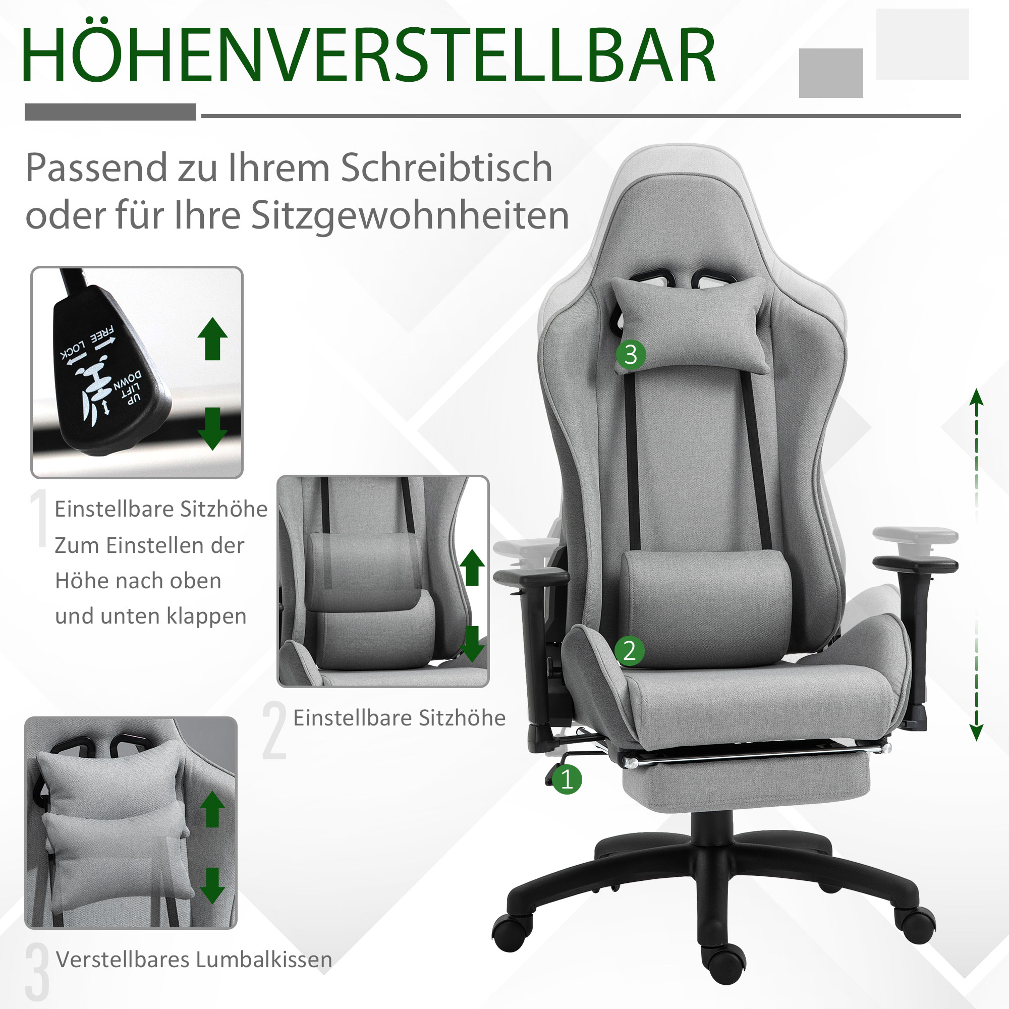 Grauer Bürostuhl mit höhenverstellbarer Sitzfläche und Lordosenstütze, schwarze Beine.
