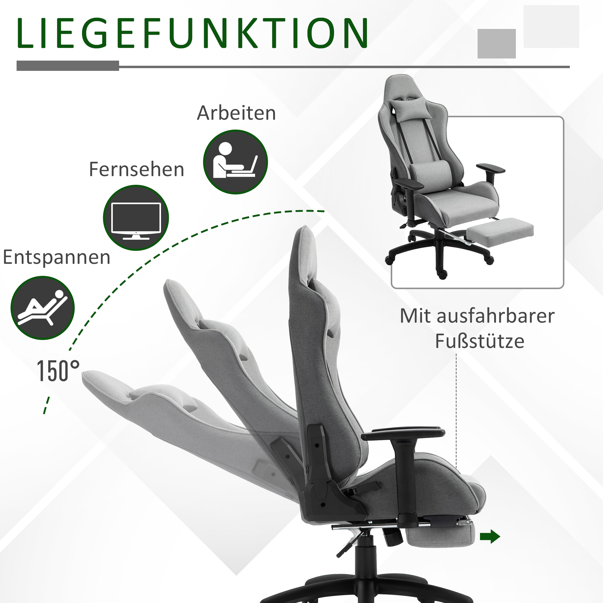 Grauer Gamingstuhl mit ausziehbarer Fußstütze, verstellbar bis 150 Grad.