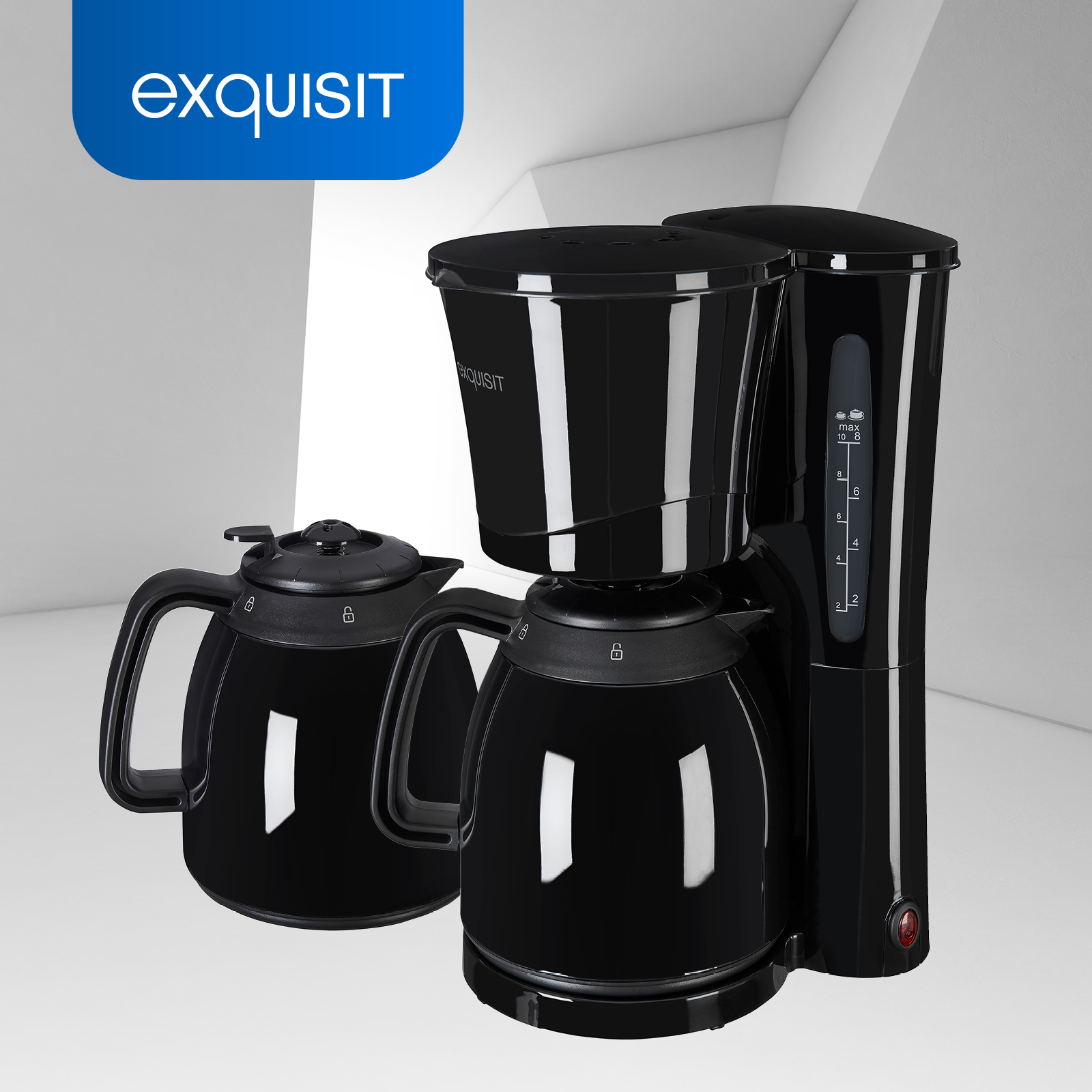 Schwarzer Kaffeebereiter mit zwei Kannen und dem Markennamen 'exquisit'.