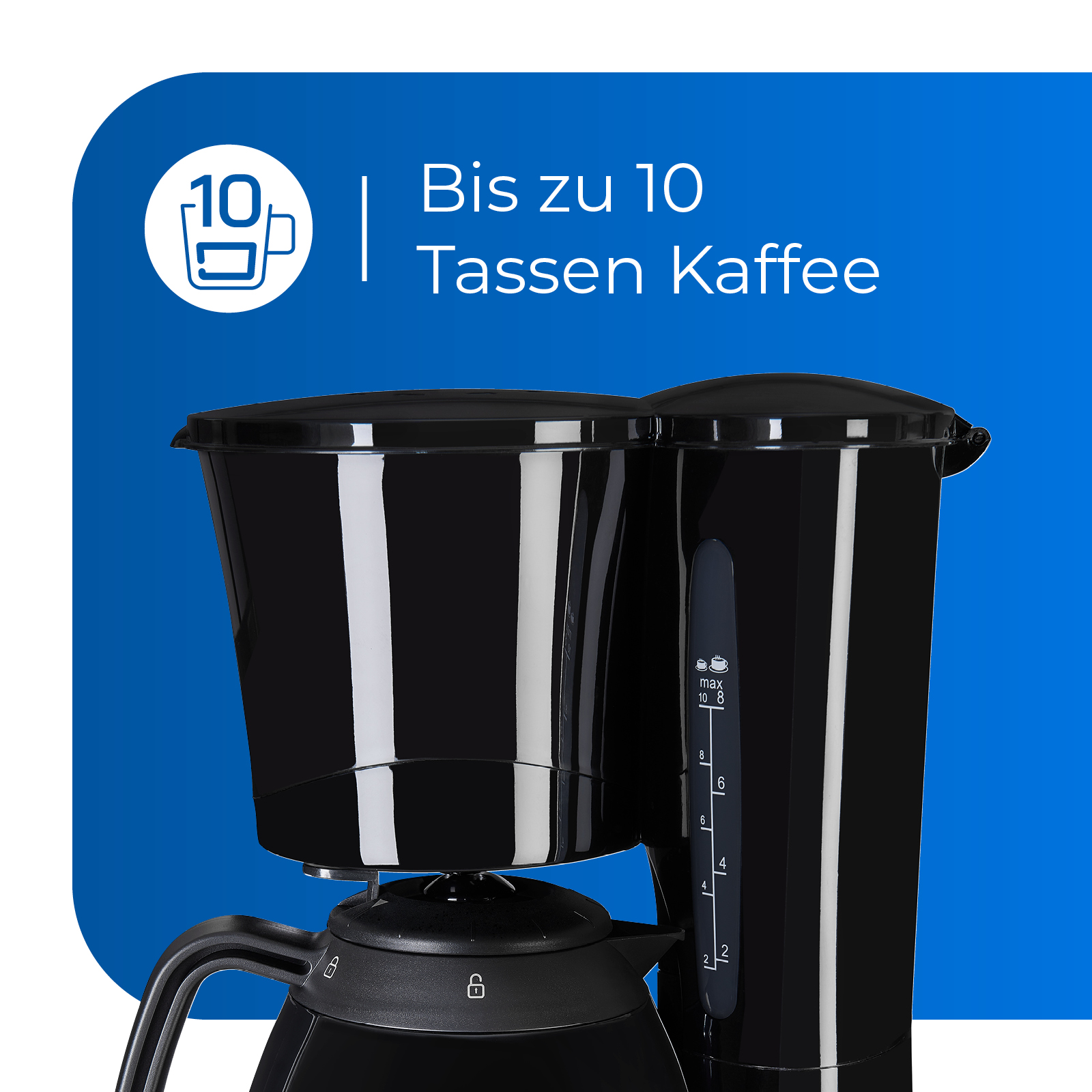 Schwarze Kaffeemaschine mit Textfeld „Bis zu 10 Tassen Kaffee“.