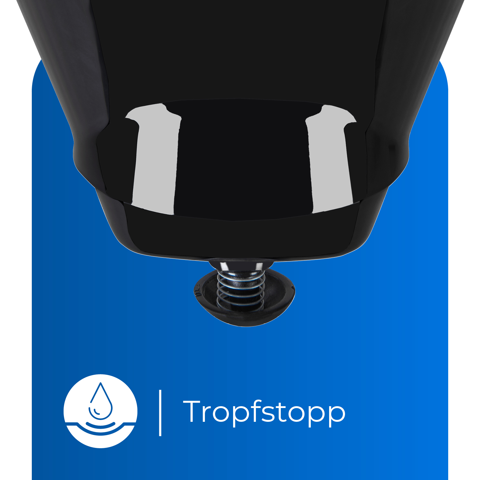 Nahaufnahme des Bodens einer schwarzen Kaffeemaschine, mit blauem Hintergrund und dem Text Tropfstopp.