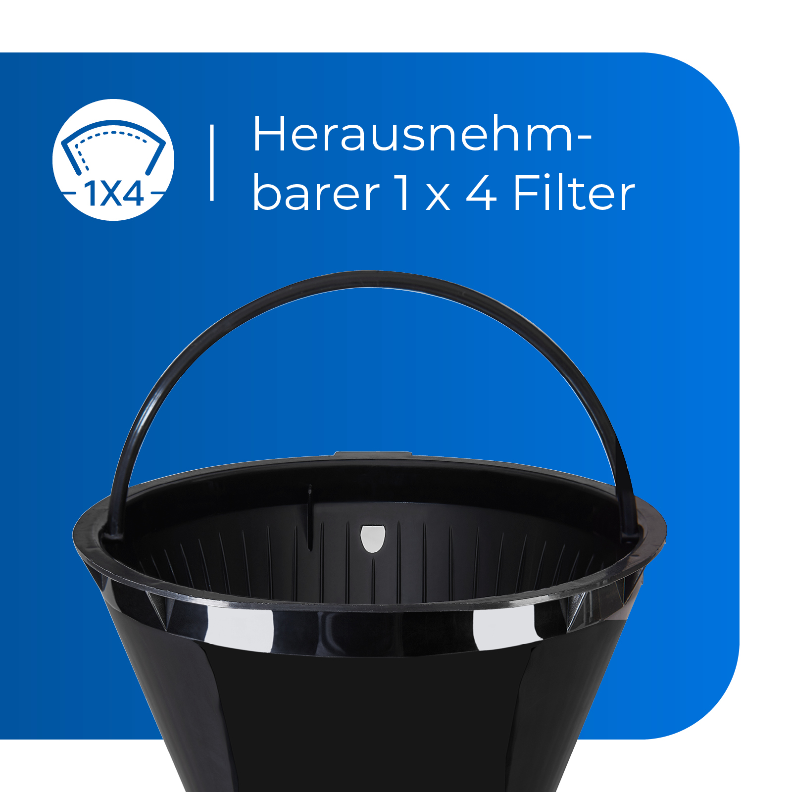 Schwarzer Kaffeefilterhalter mit Text und blauem Hintergrund.