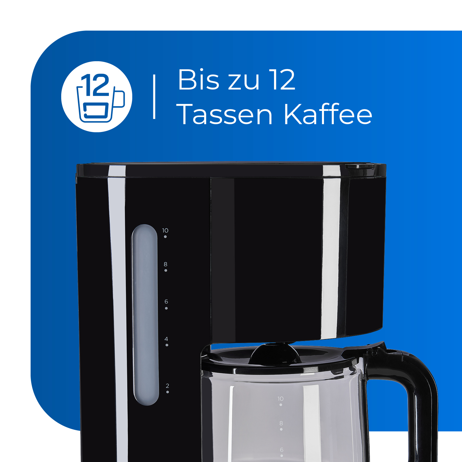 Schwarze Kaffeemaschine mit klarer Karaffe, Text zeigt Kapazität für 12 Tassen.