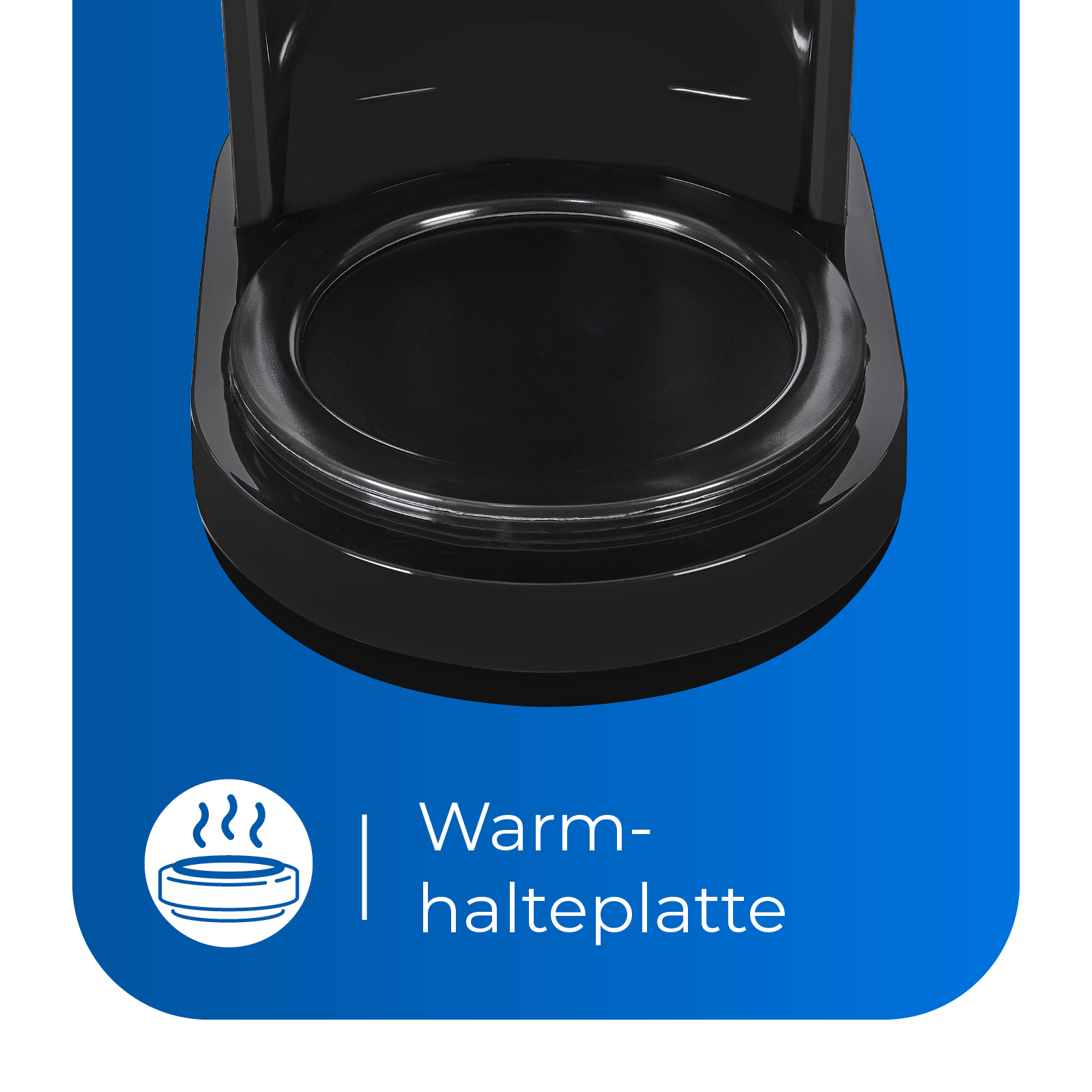 Ein offenes schwarzes Gerät mit schwarzem Innenraum und einem weißen Symbol mit Dampf. Text darunter: 'Warmhalteplatte'.
