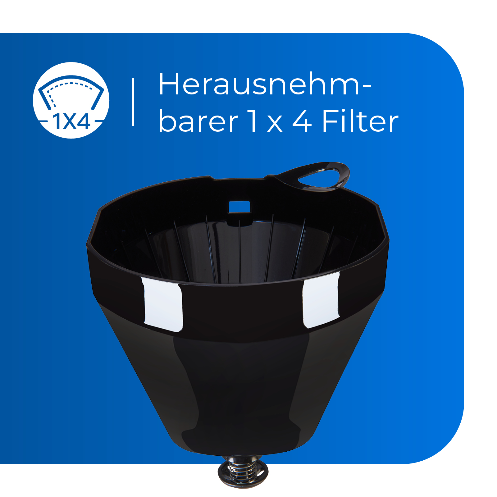Ein schwarzer Kaffeefilter mit blauem Hintergrund. Der Text auf dem Filter lautet 'Herrausnehmbarer 1 x 4 Filter'.