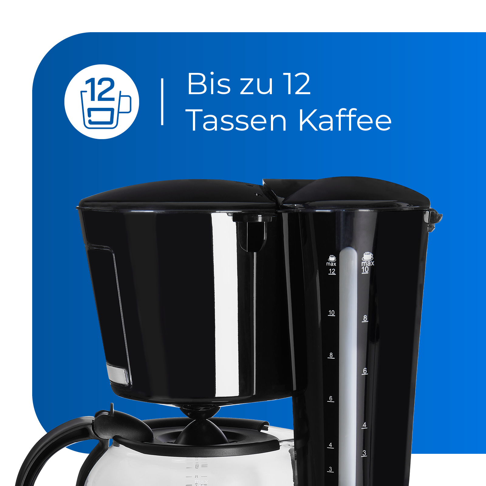 Schwarze Kaffeemaschine mit blauem Hintergrund und Text.