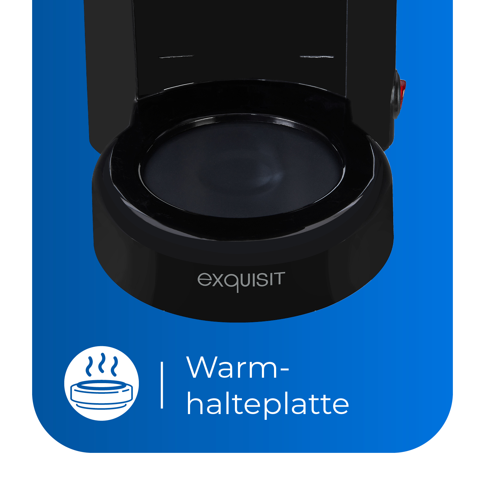 Ein schwarzer Kaffeemaschinensockel mit dem Wort 'exquisit' und einem blauen Etikett mit der Aufschrift 'Warmhalteplatte'.