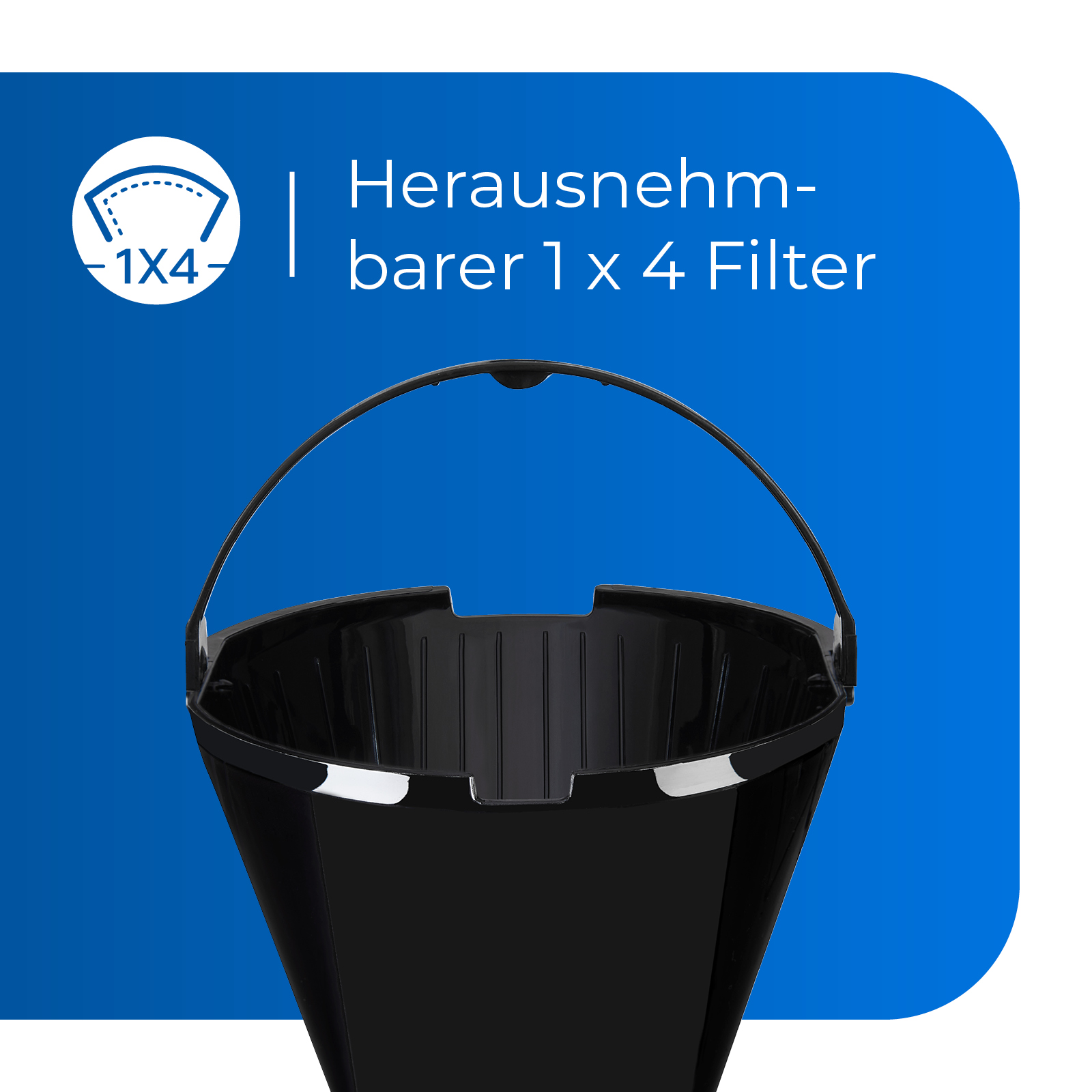 Schwarzer Filterhalter für Kaffeemaschine, Text: Herausnehmbarer 1 x 4 Filter.