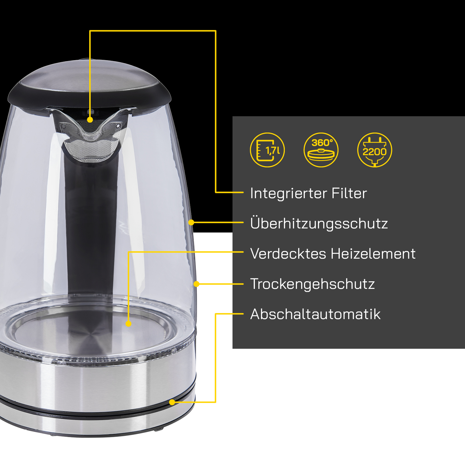 Elektrischer Glaskessel mit schwarzem Deckel und Edelstahlboden. Filter und Schutz.